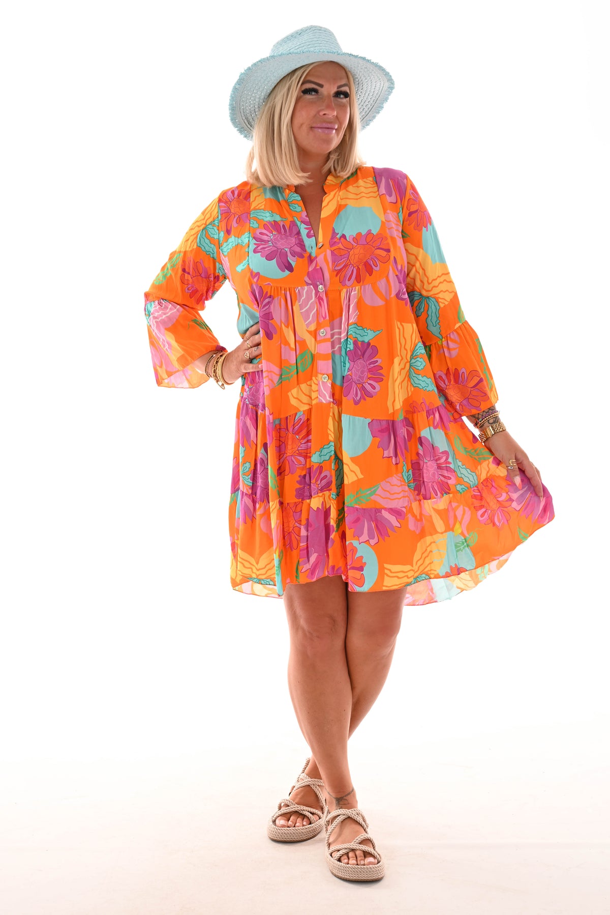 Tuniek bloemen print 3/4e mouw oranje