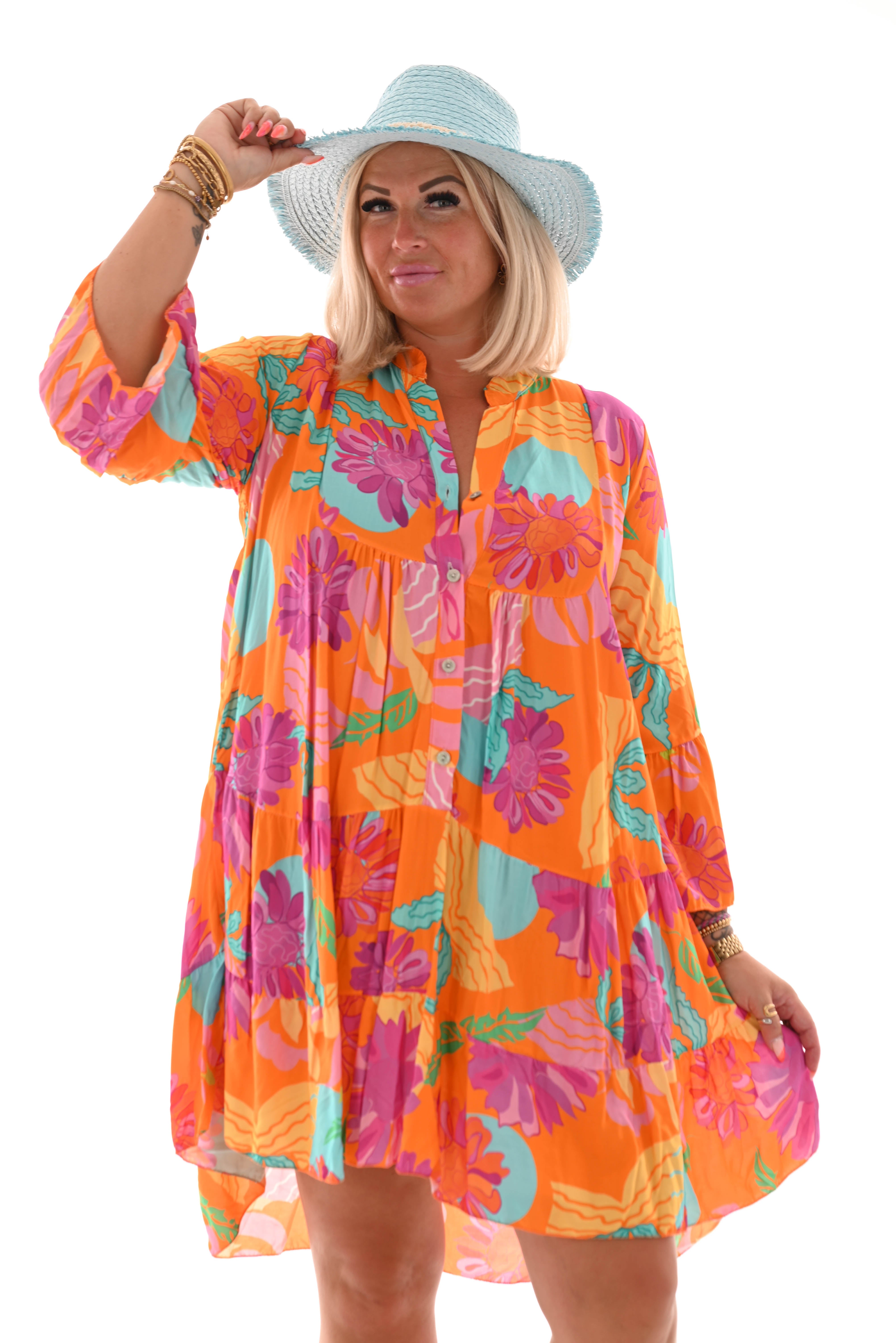 Tuniek bloemen print 3/4e mouw oranje