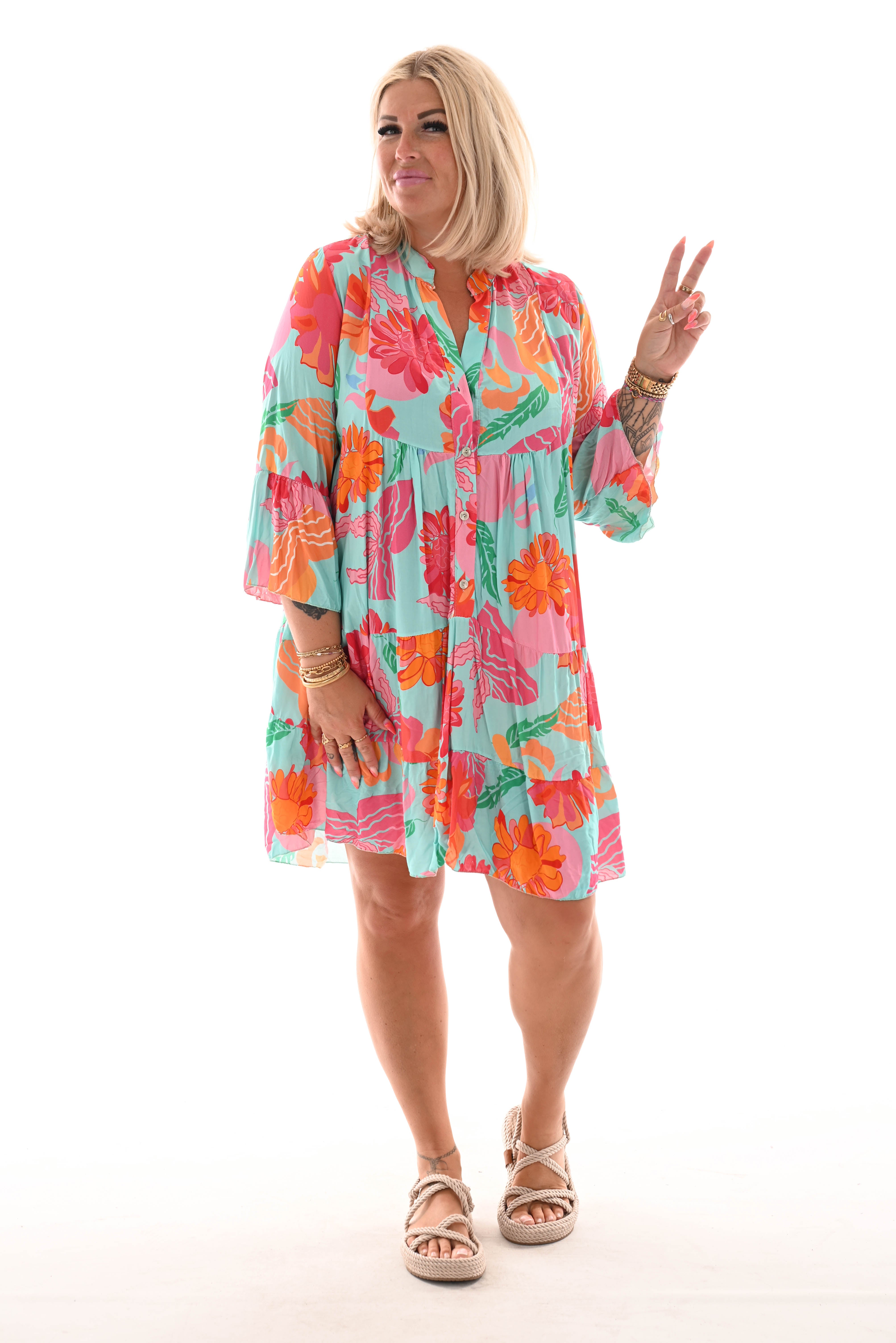 Tuniek bloemen print 3/4e mouw lichtblauw