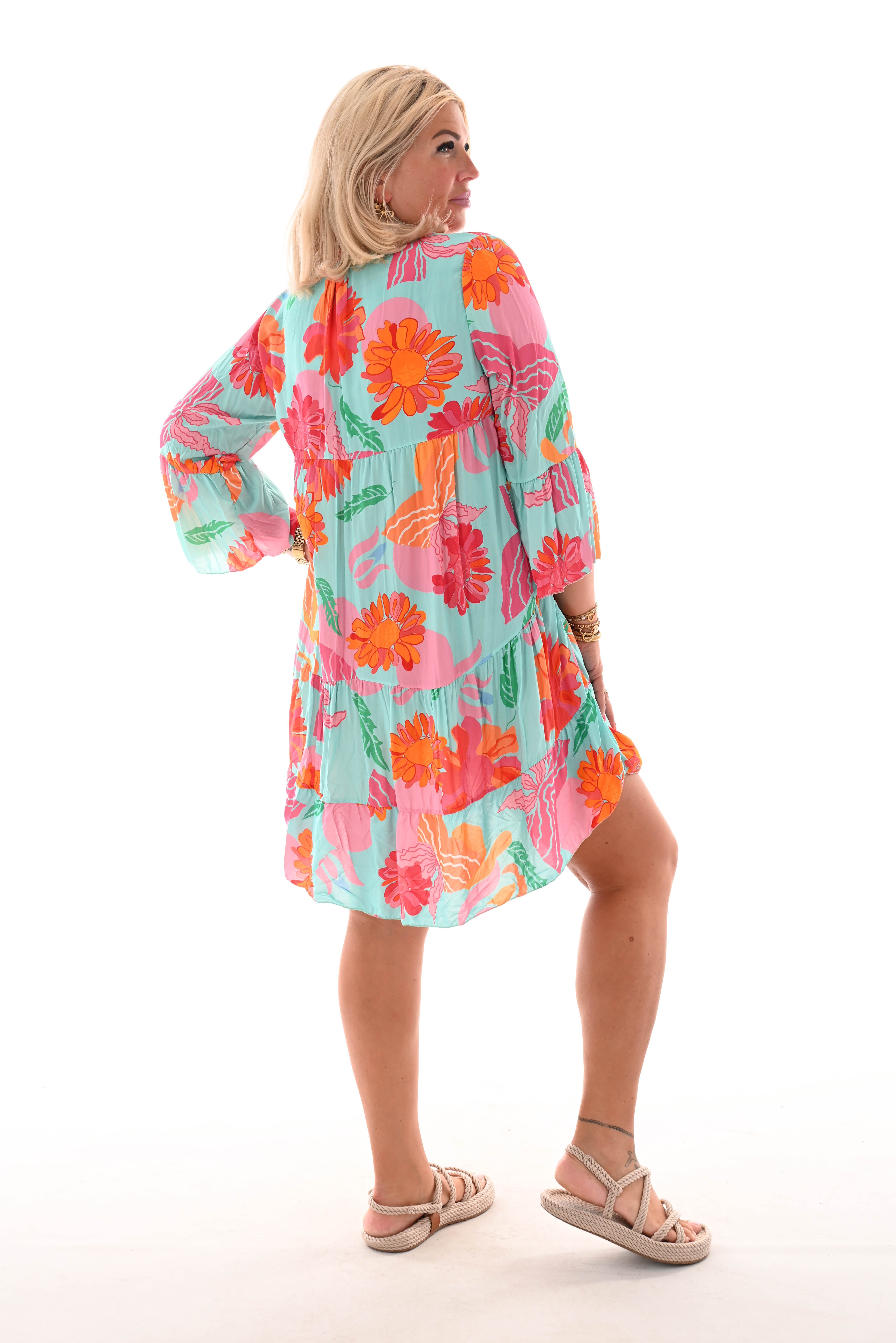 Tuniek bloemen print 3/4e mouw lichtblauw