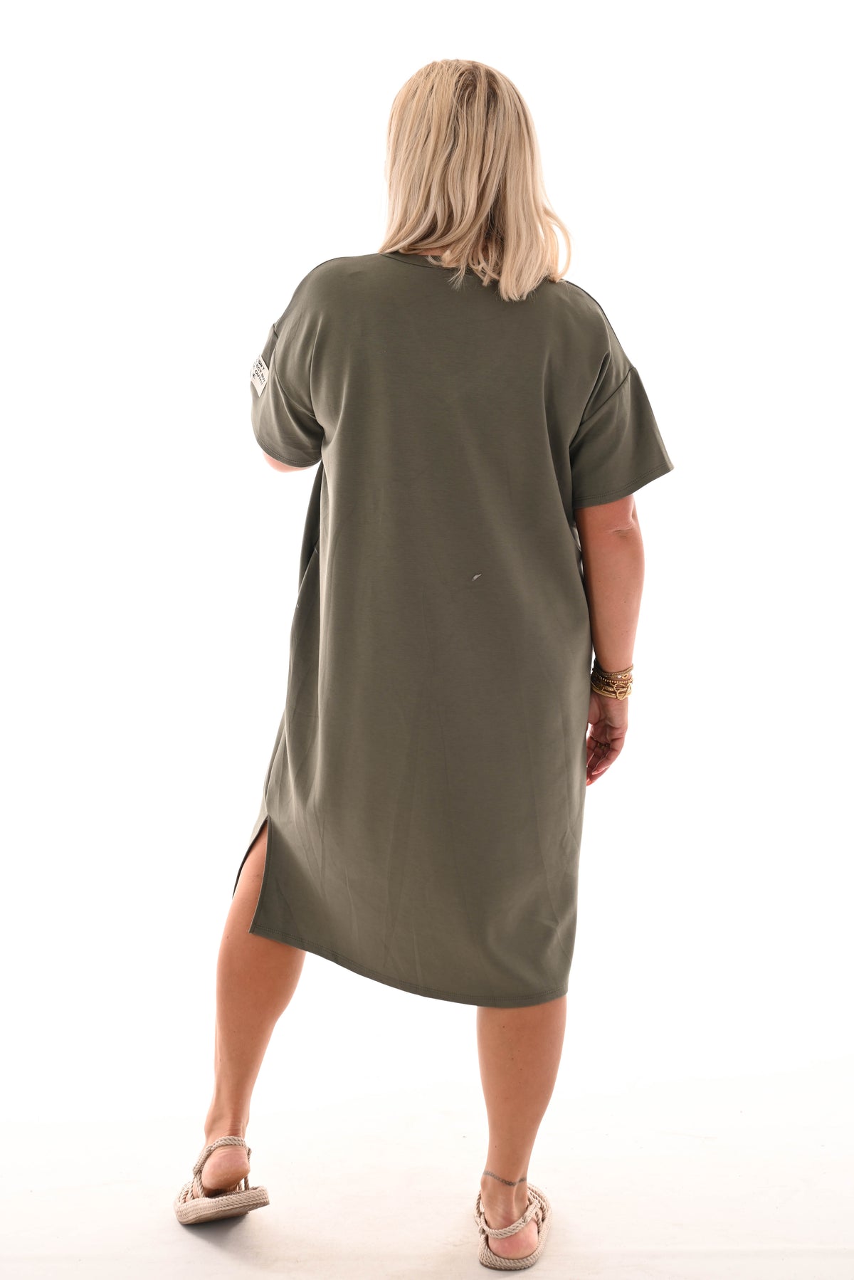 Sweaterdress v-hals korte mouwen applicatie legergroen