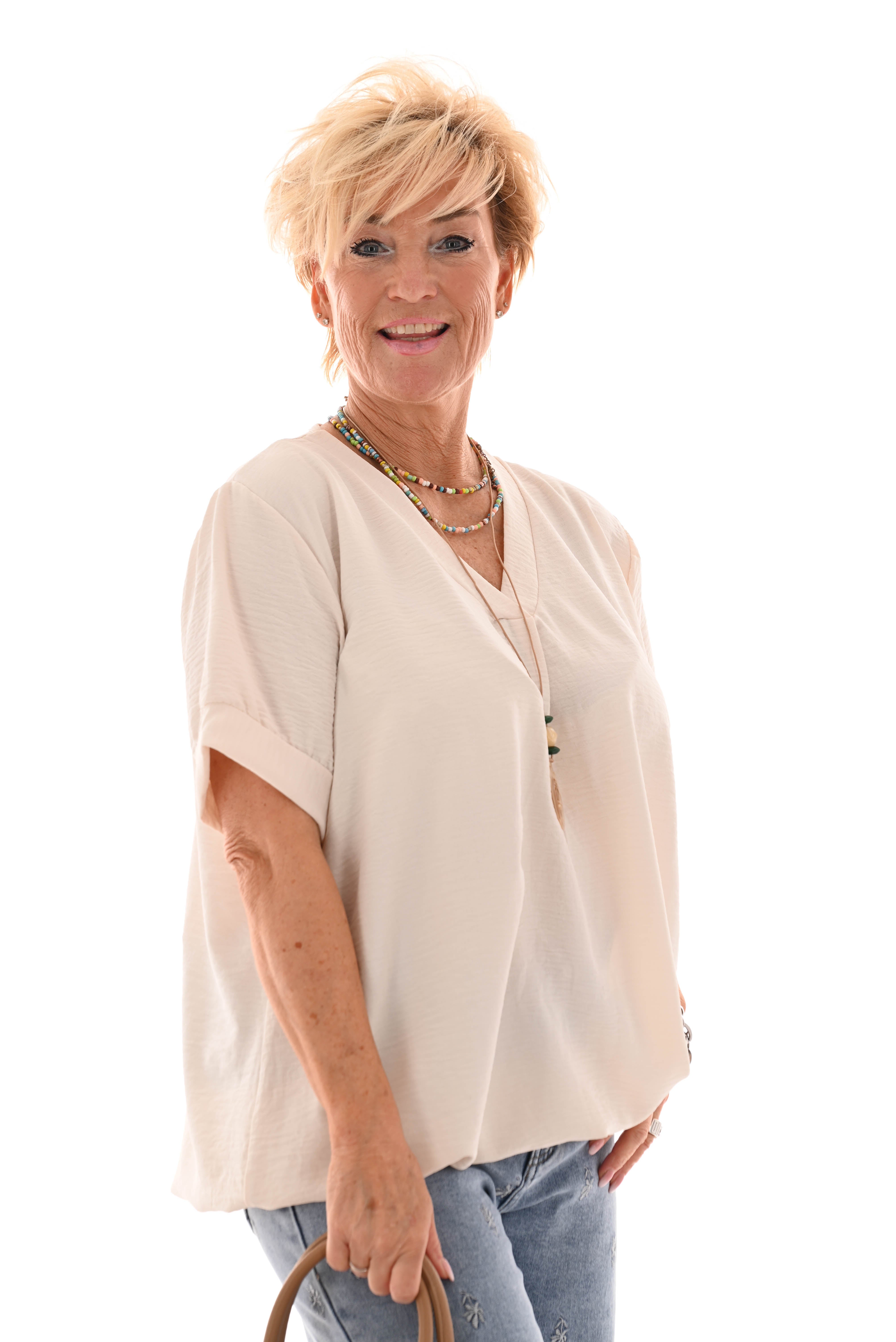 Ballon top korte mouwen v-hals uni creme