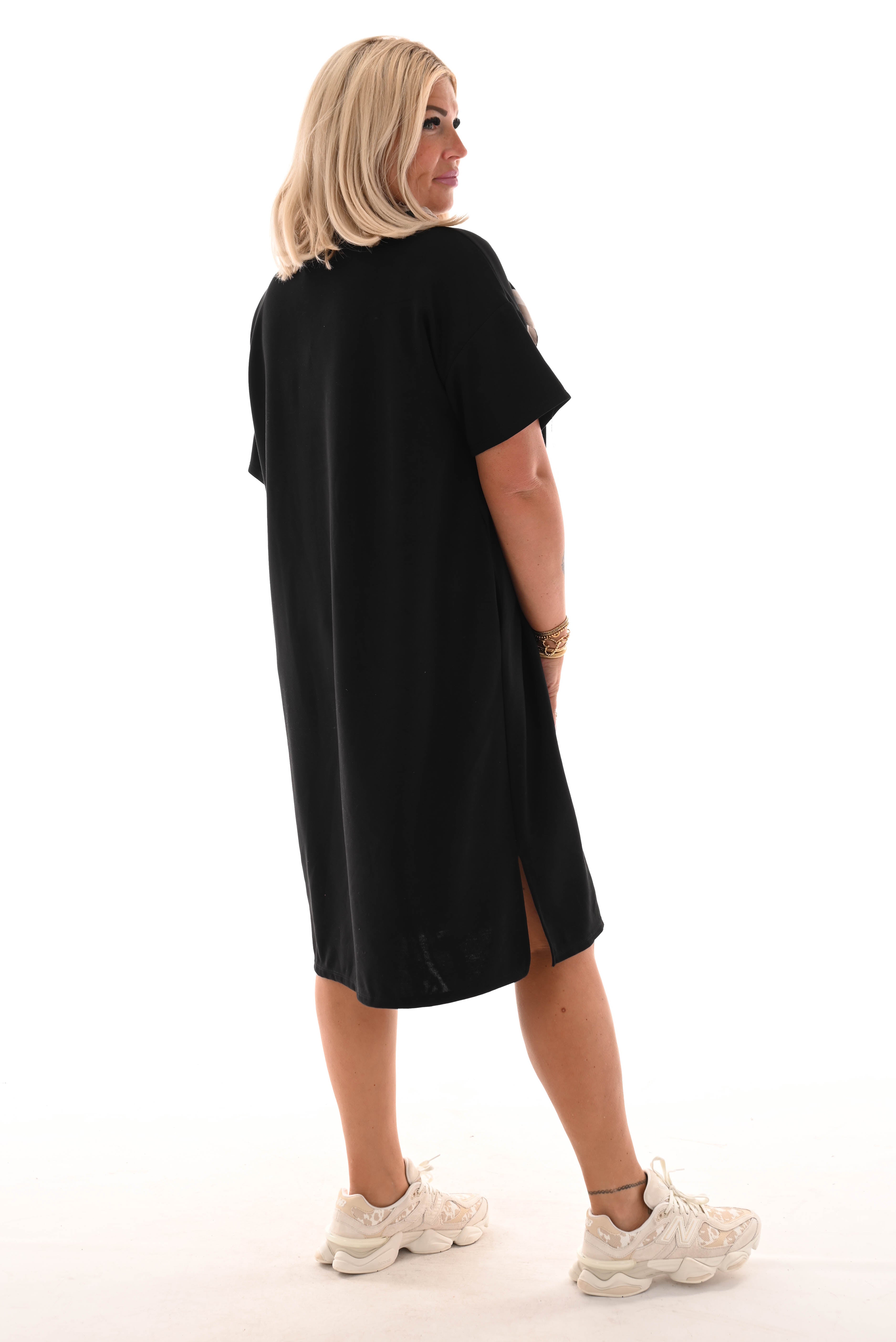Sweaterdress v-hals korte mouwen applicatie zwart
