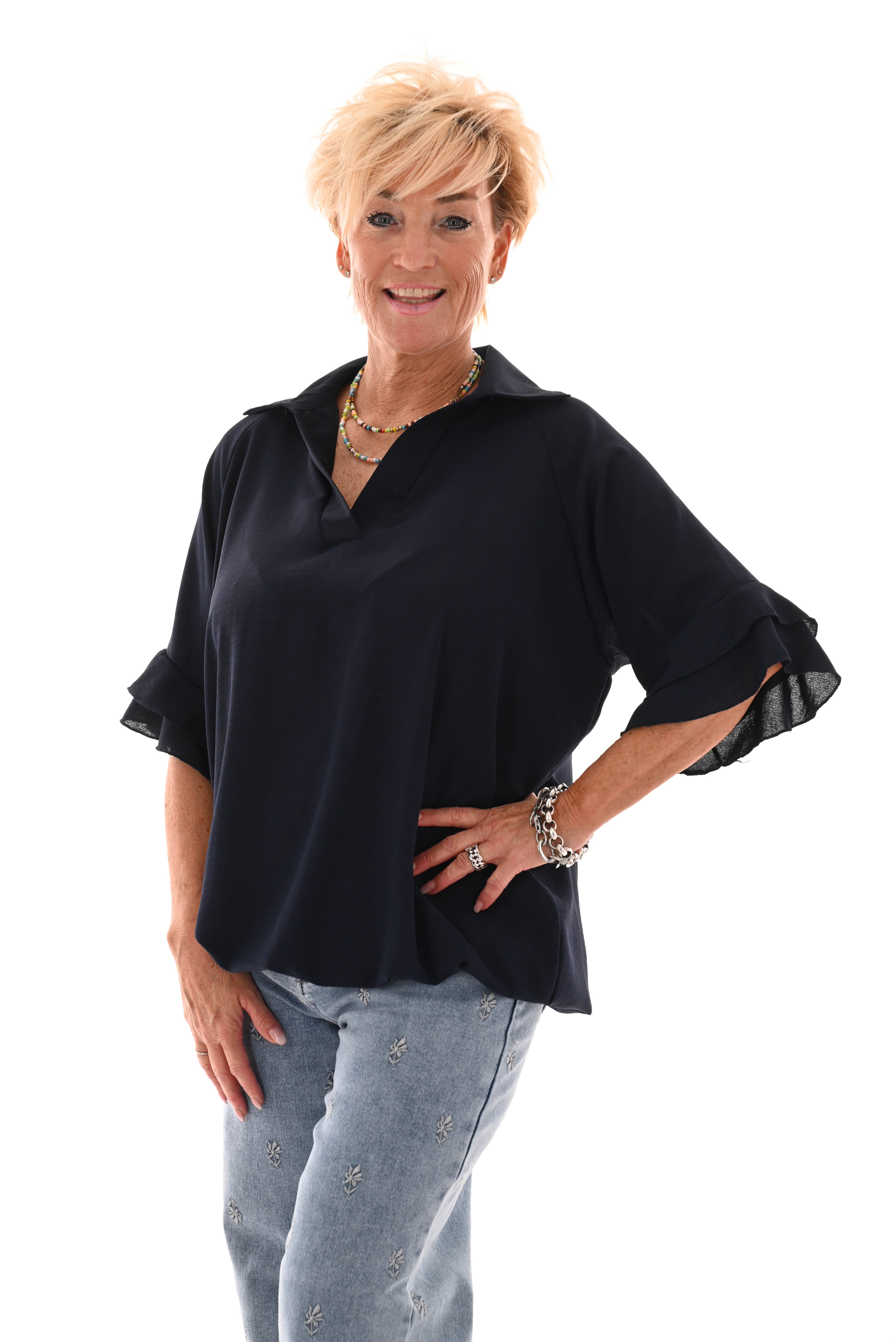 Ballon top v-hals met kraag marineblauw