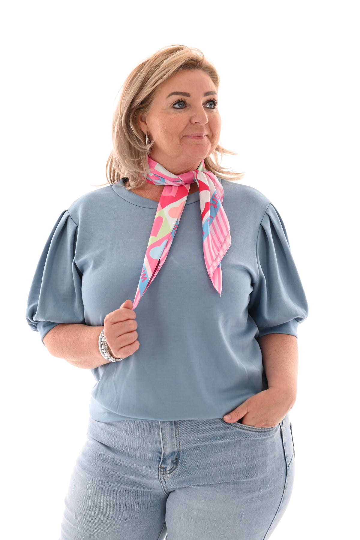 Sweater korte pofmouwen jeansblauw