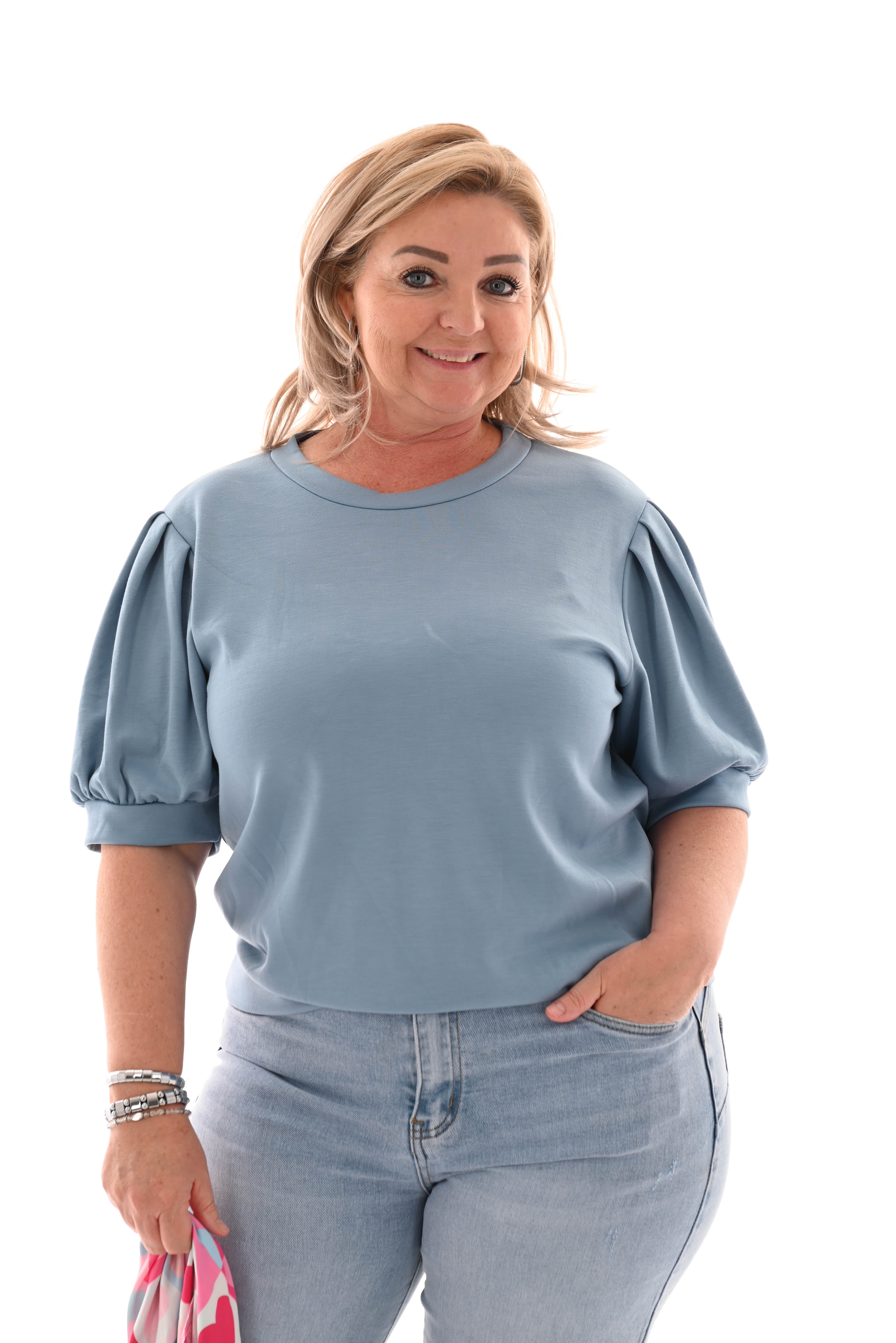 Sweater korte pofmouwen jeansblauw