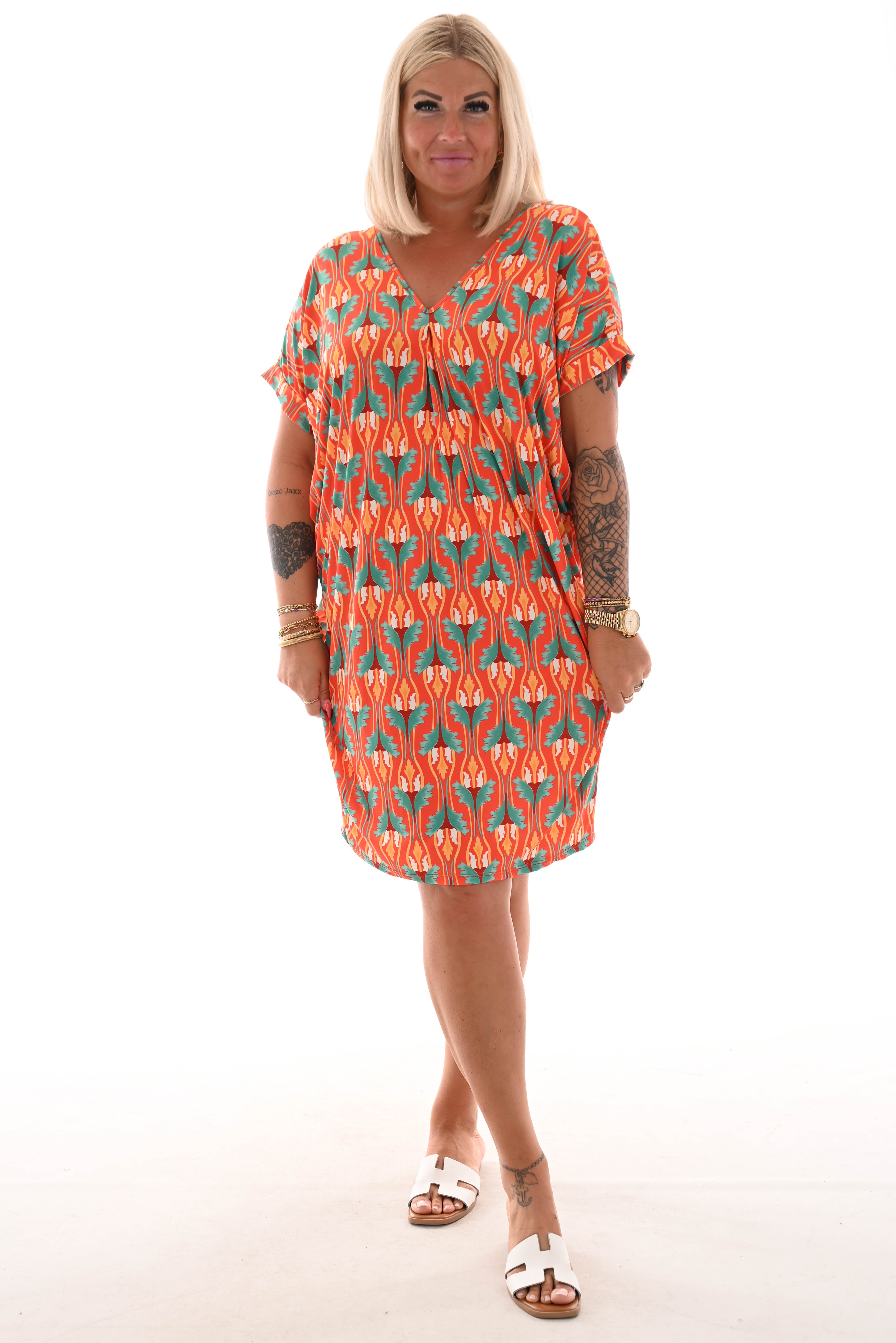 Tuniek v-rug print barok oranje/groen