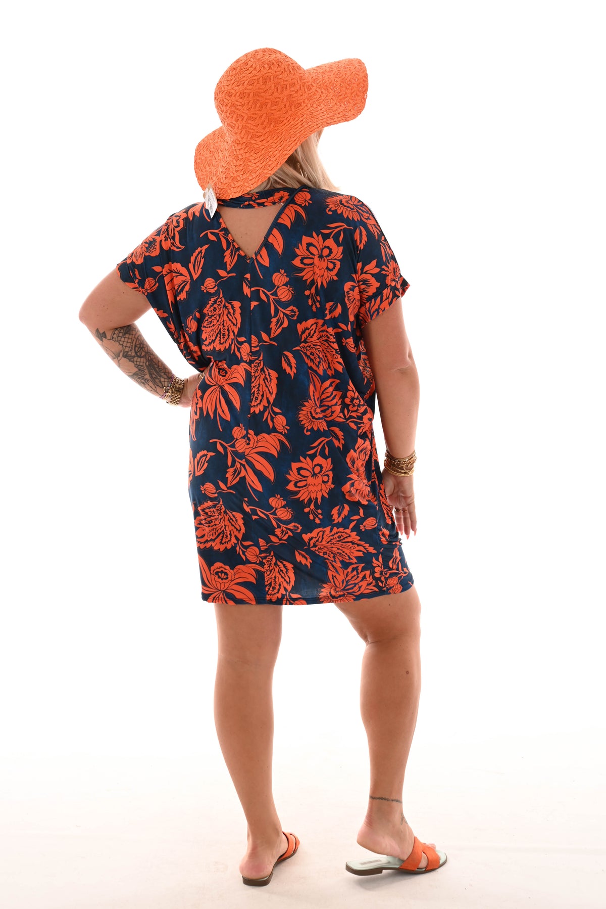 Tuniek v-rug print bloemen marineblauw/oranje