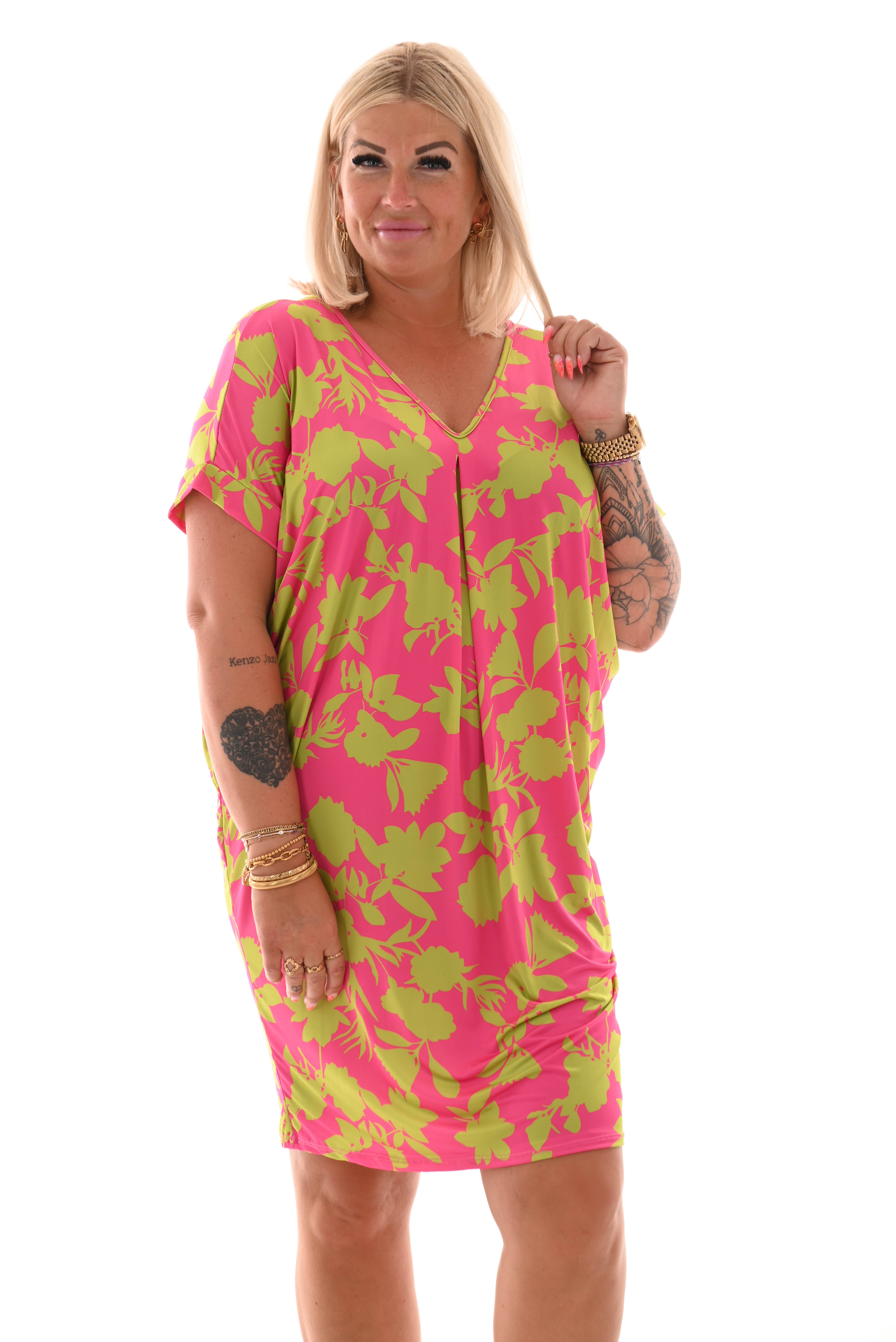 Tuniek v-rug print bladeren fuchsia/groen