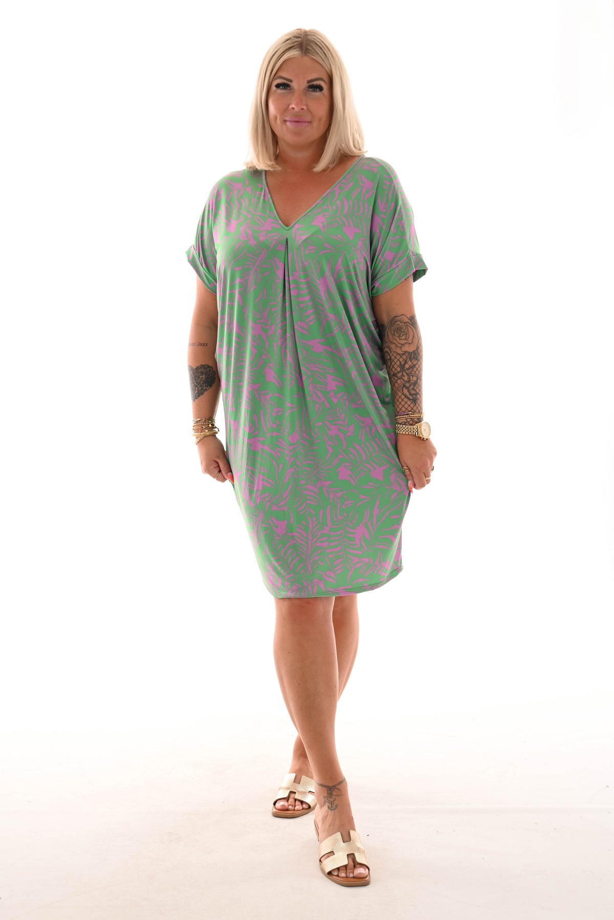 Tuniek v-rug print blaadjes groen/paars