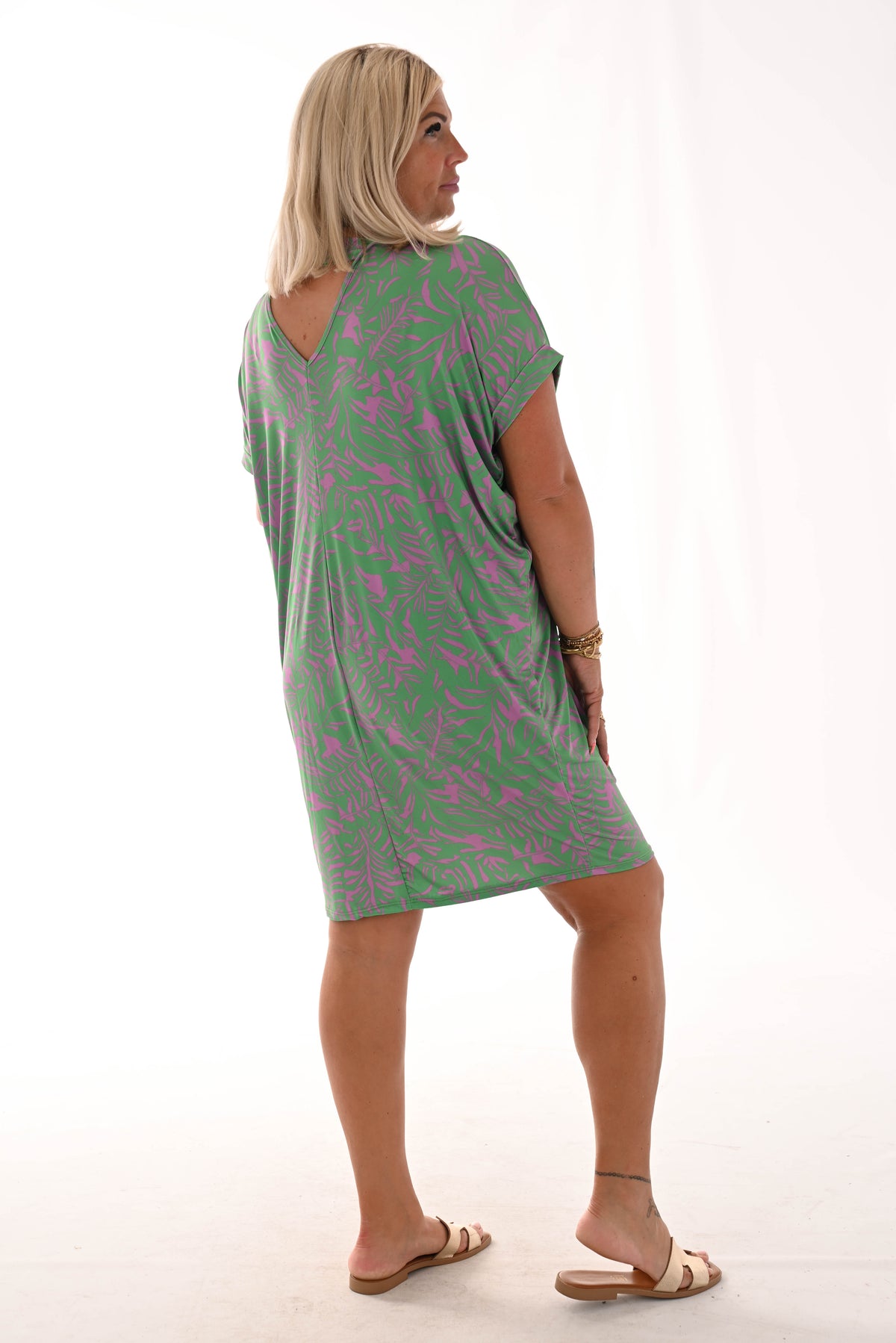 Tuniek v-rug print blaadjes groen/paars