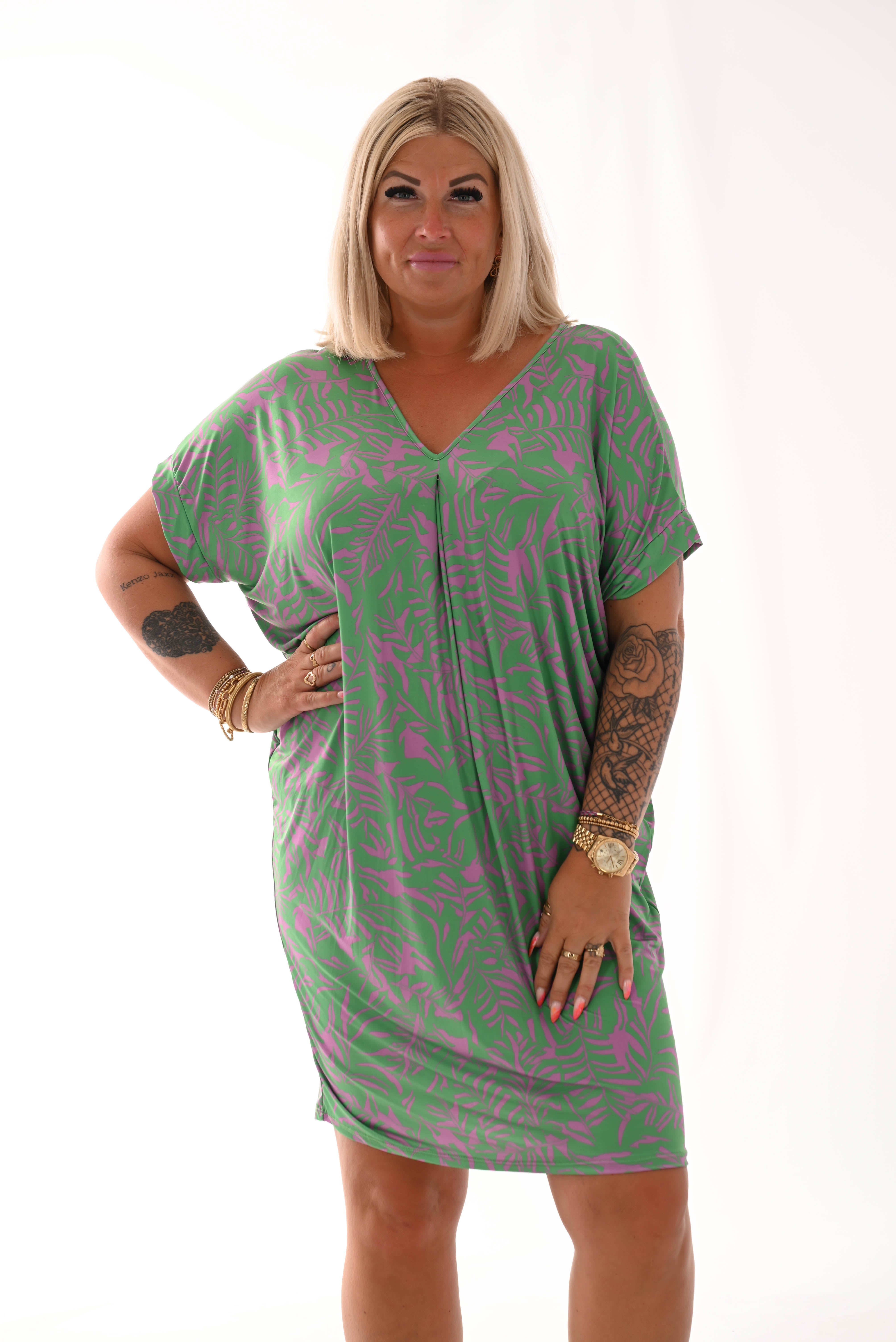 Tuniek v-rug print blaadjes groen/paars