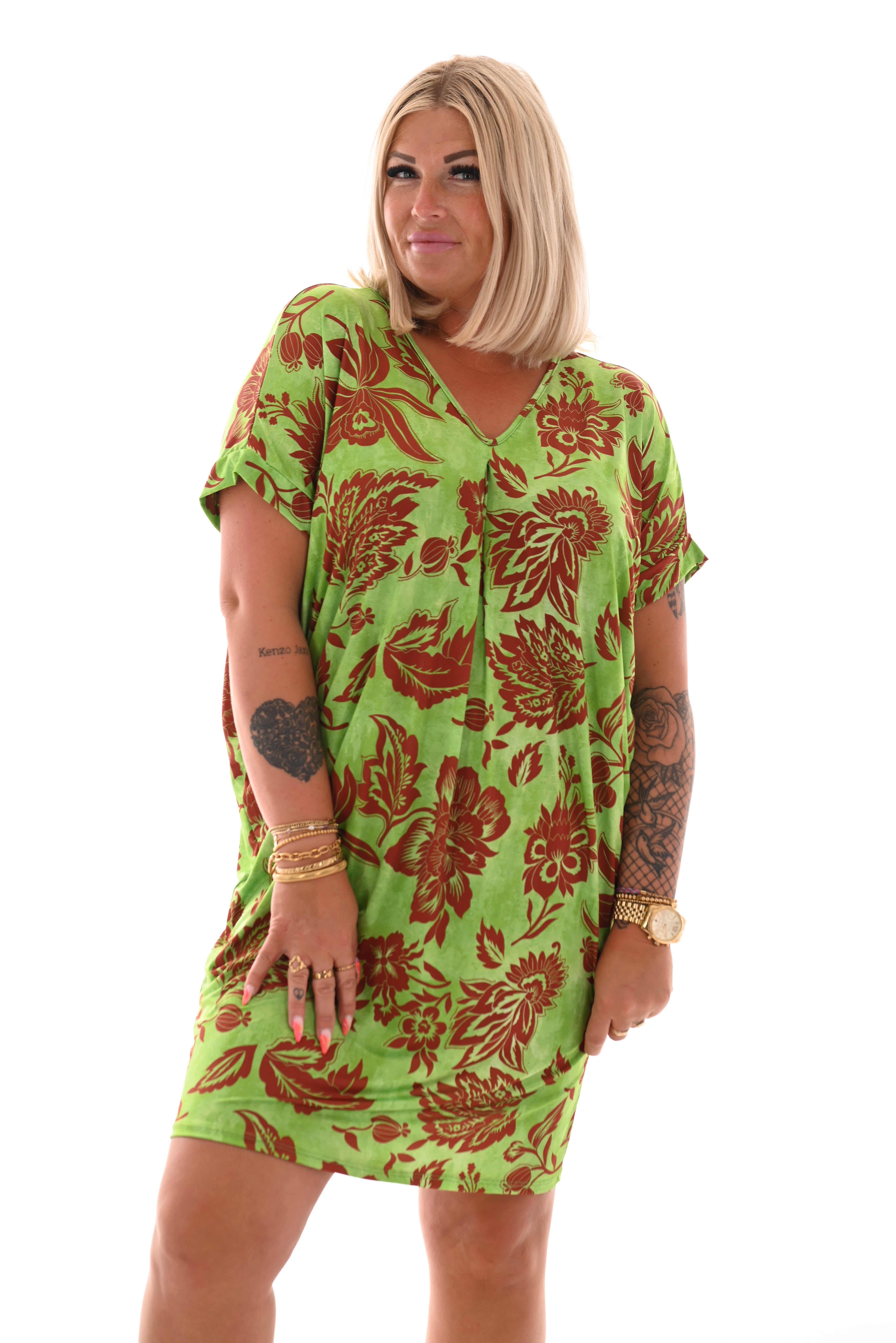 Tuniek v-rug print bloemen groen/bruin
