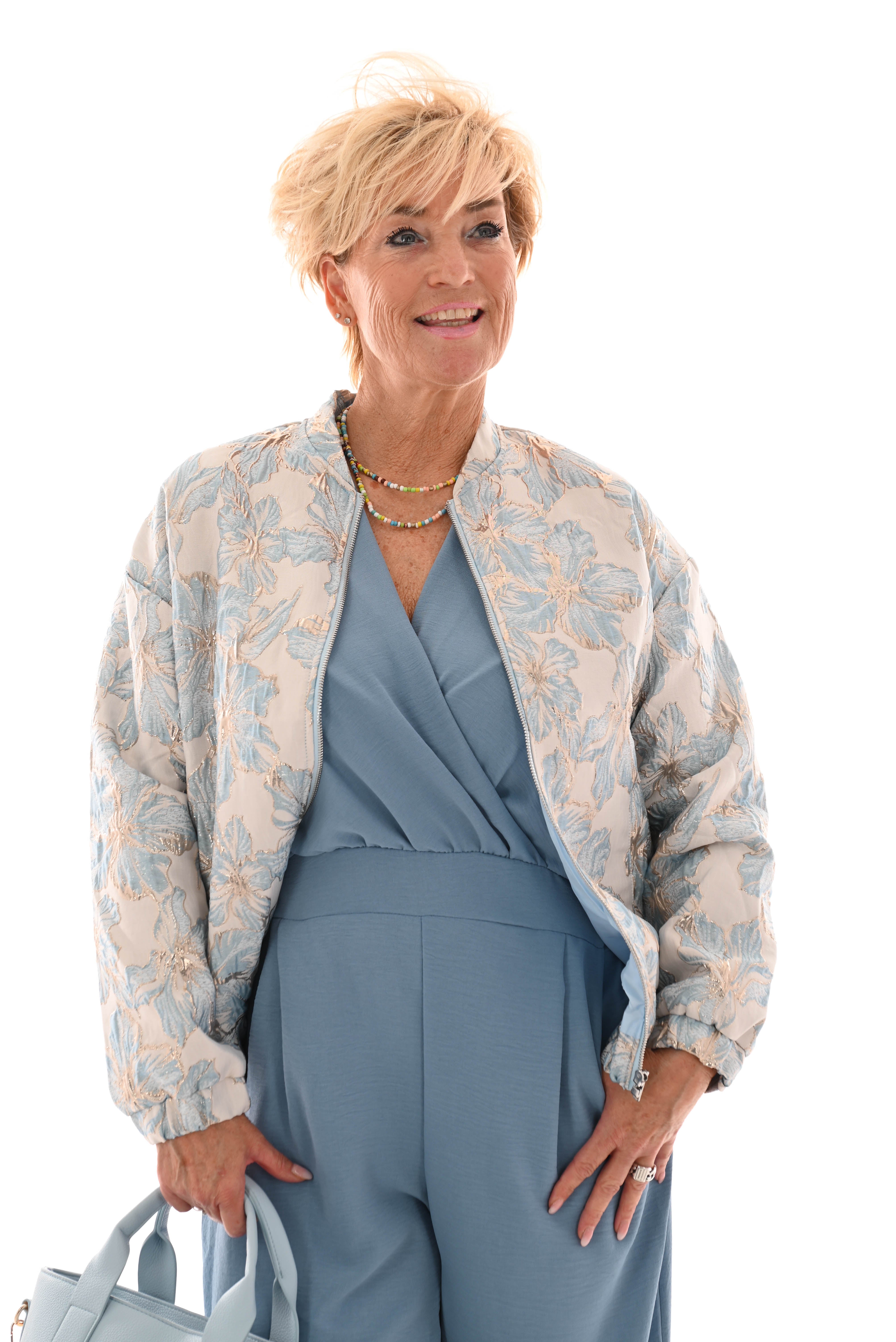 Bomber jas bloemen lichtblauw/creme