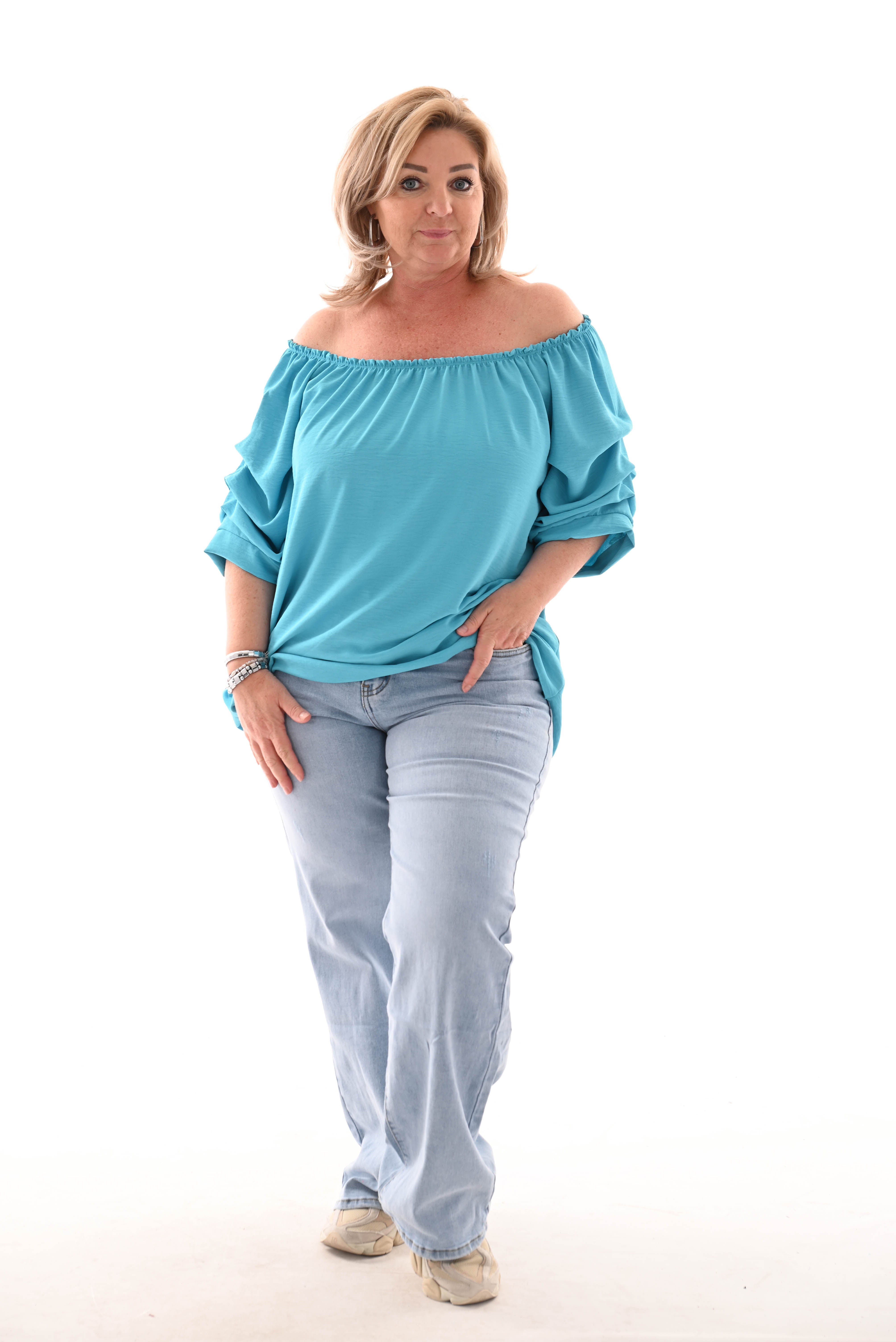 Top geplooide korte mouwen aqua