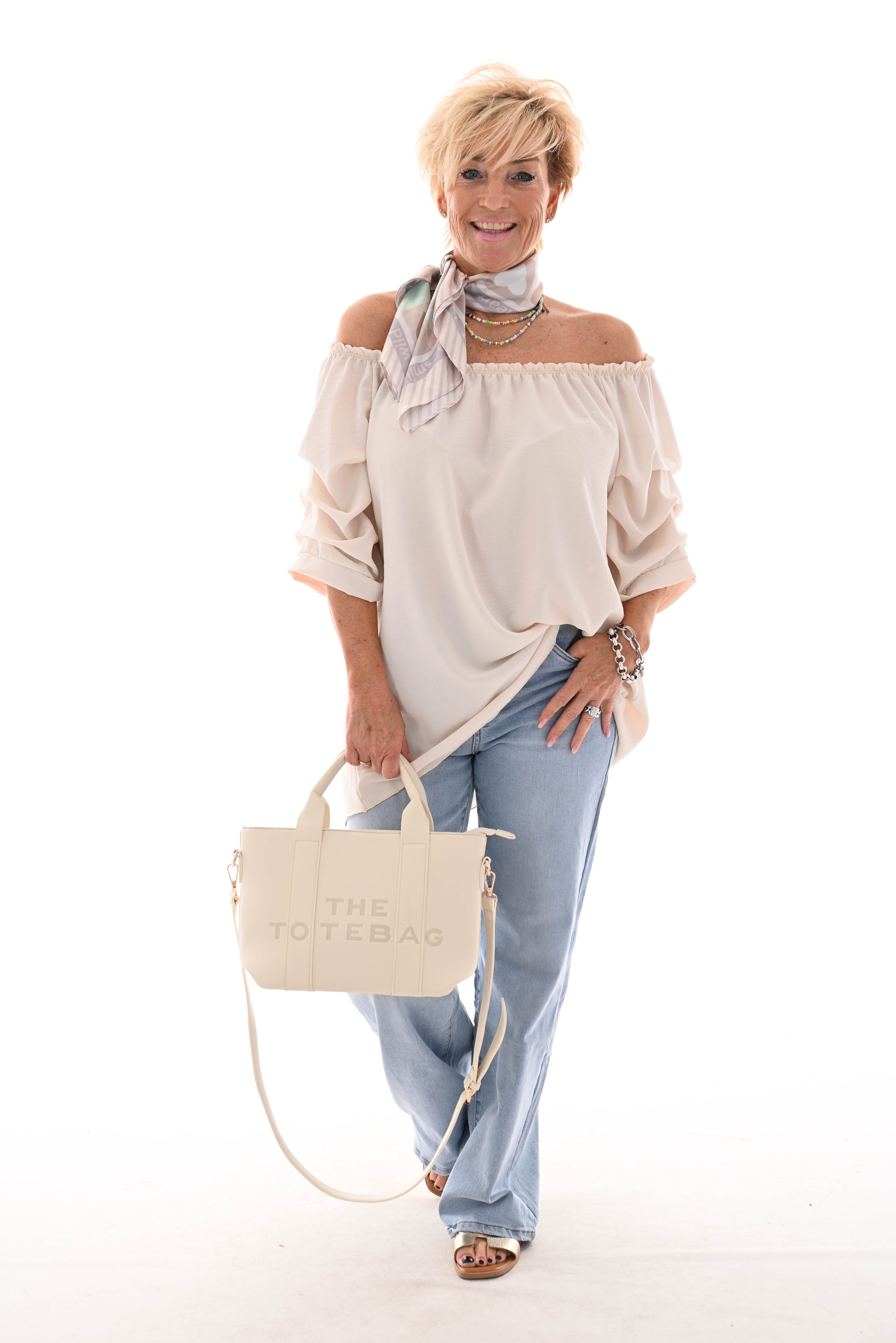 Top geplooide korte mouwen creme