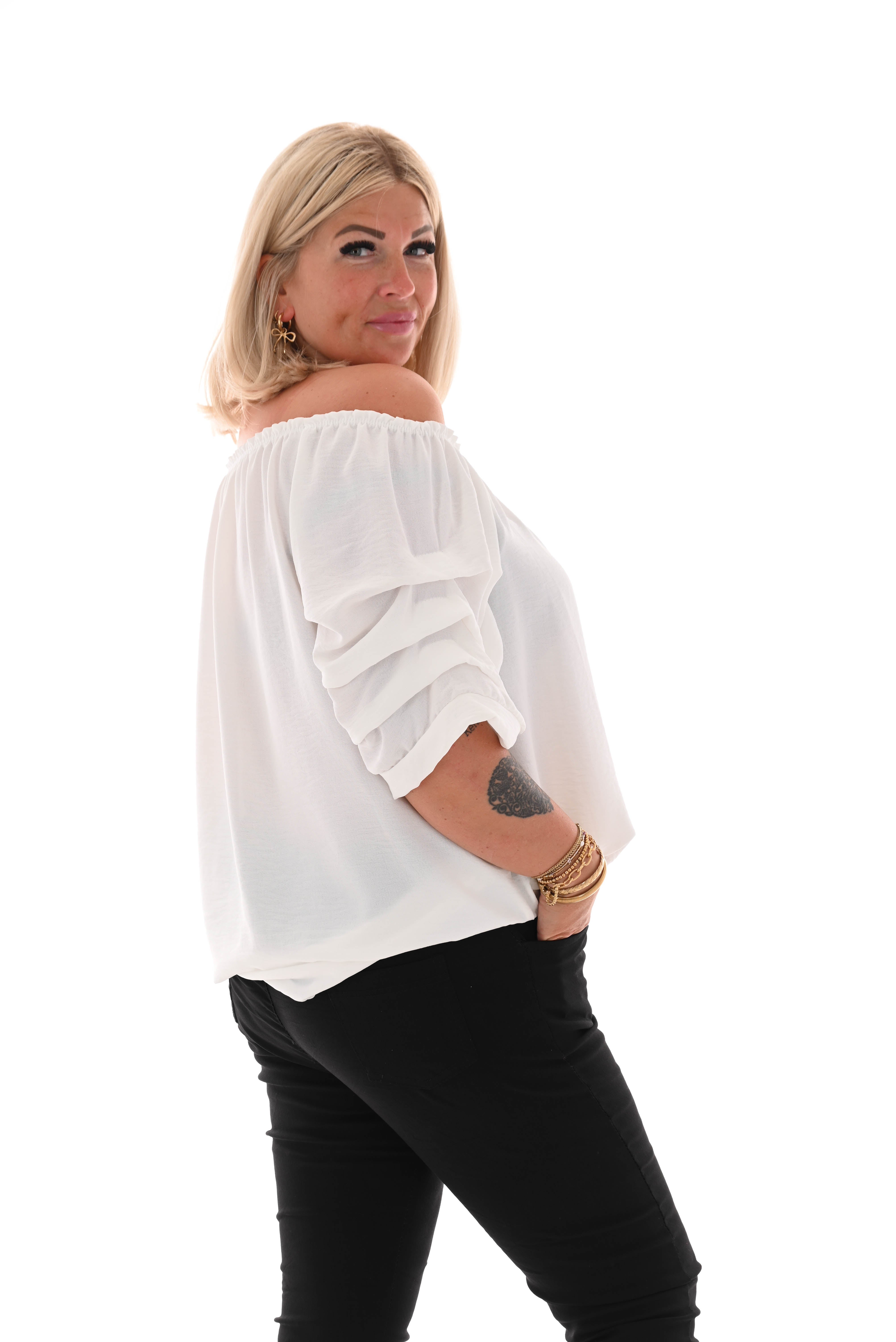 Top geplooide korte mouwen roomwit