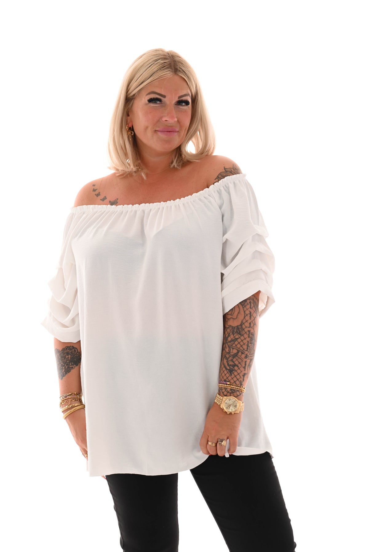 Top geplooide korte mouwen roomwit