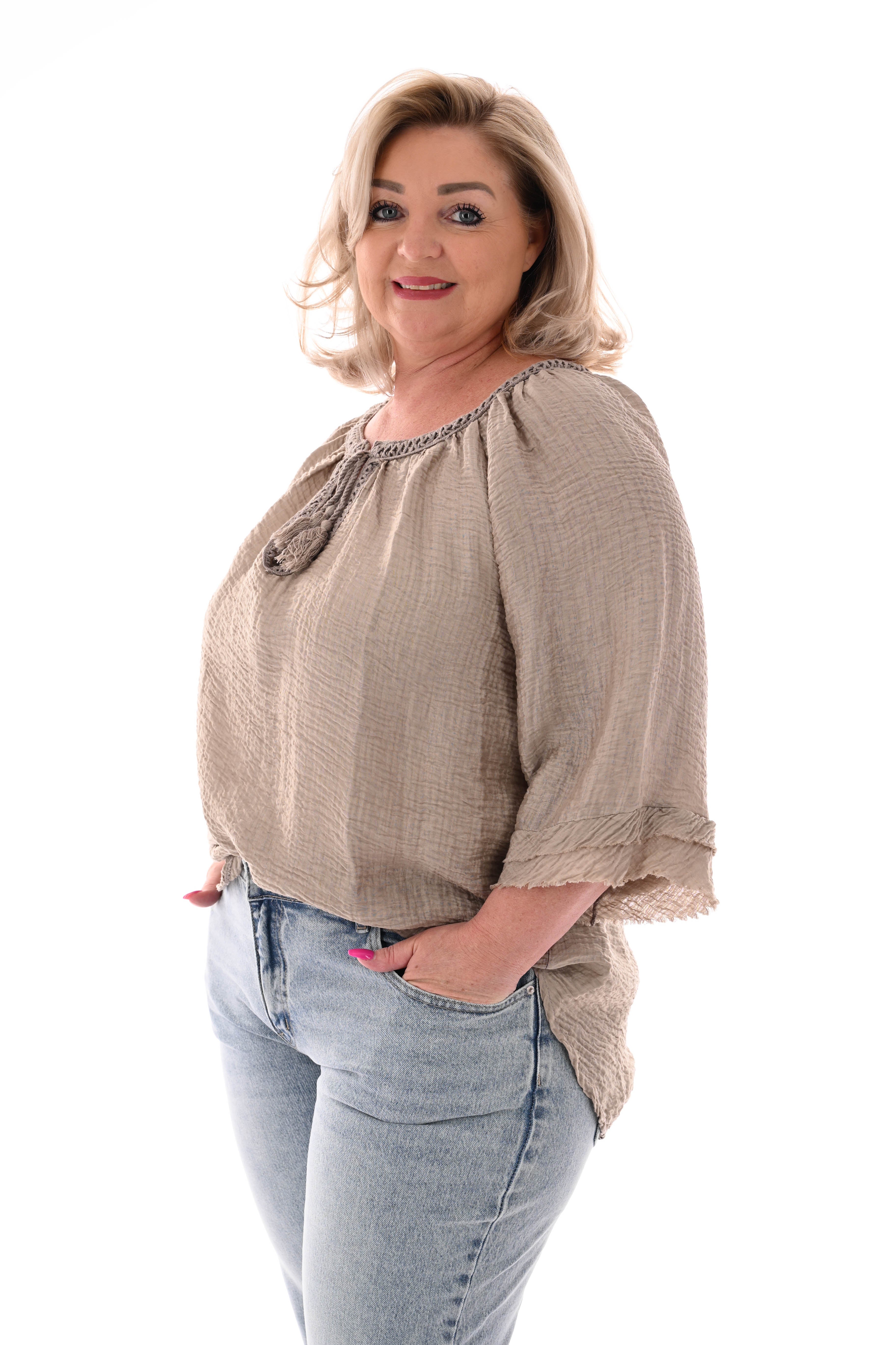 Wafel top v-hals korte mouwen taupe