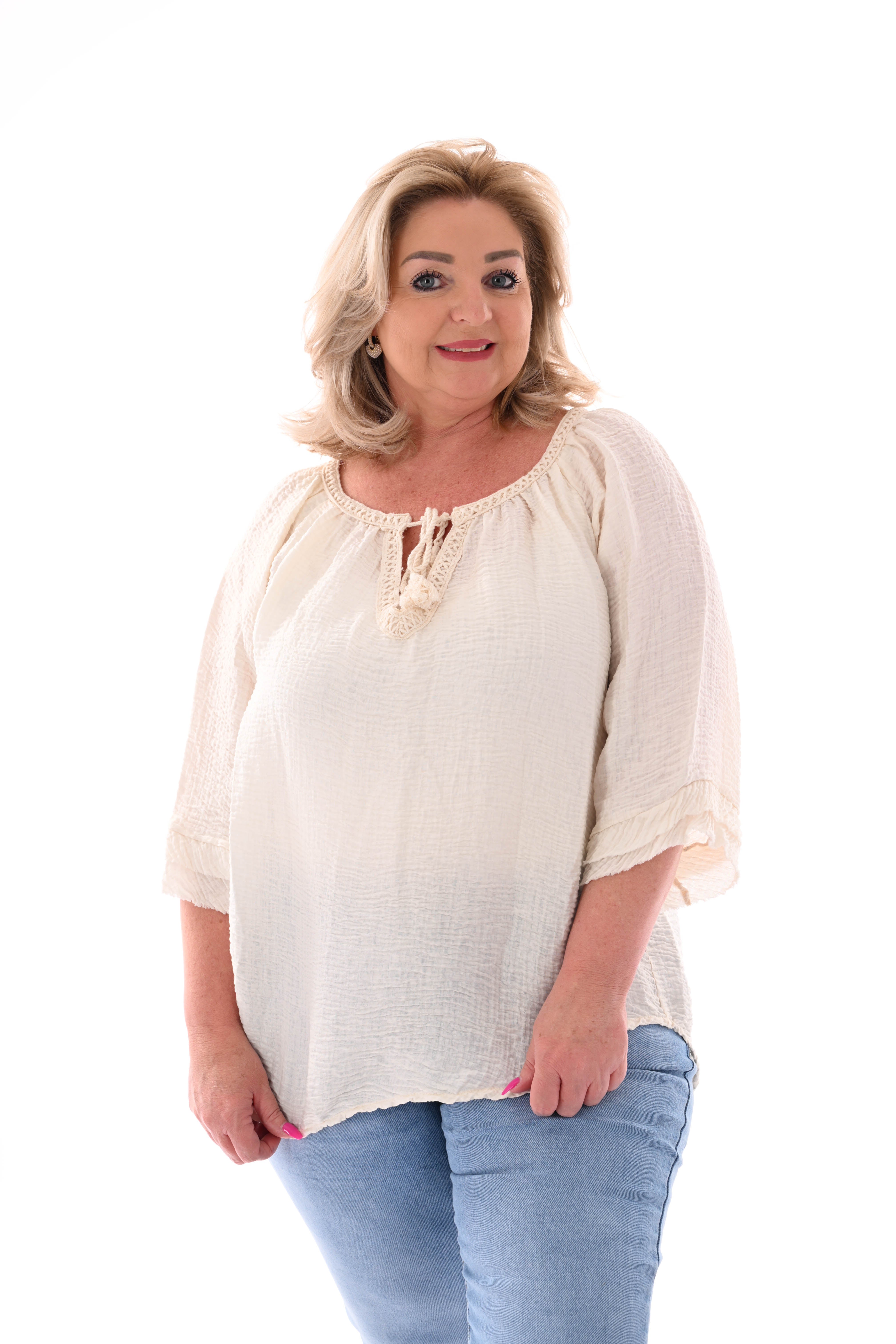 Wafel top v-hals korte mouwen creme