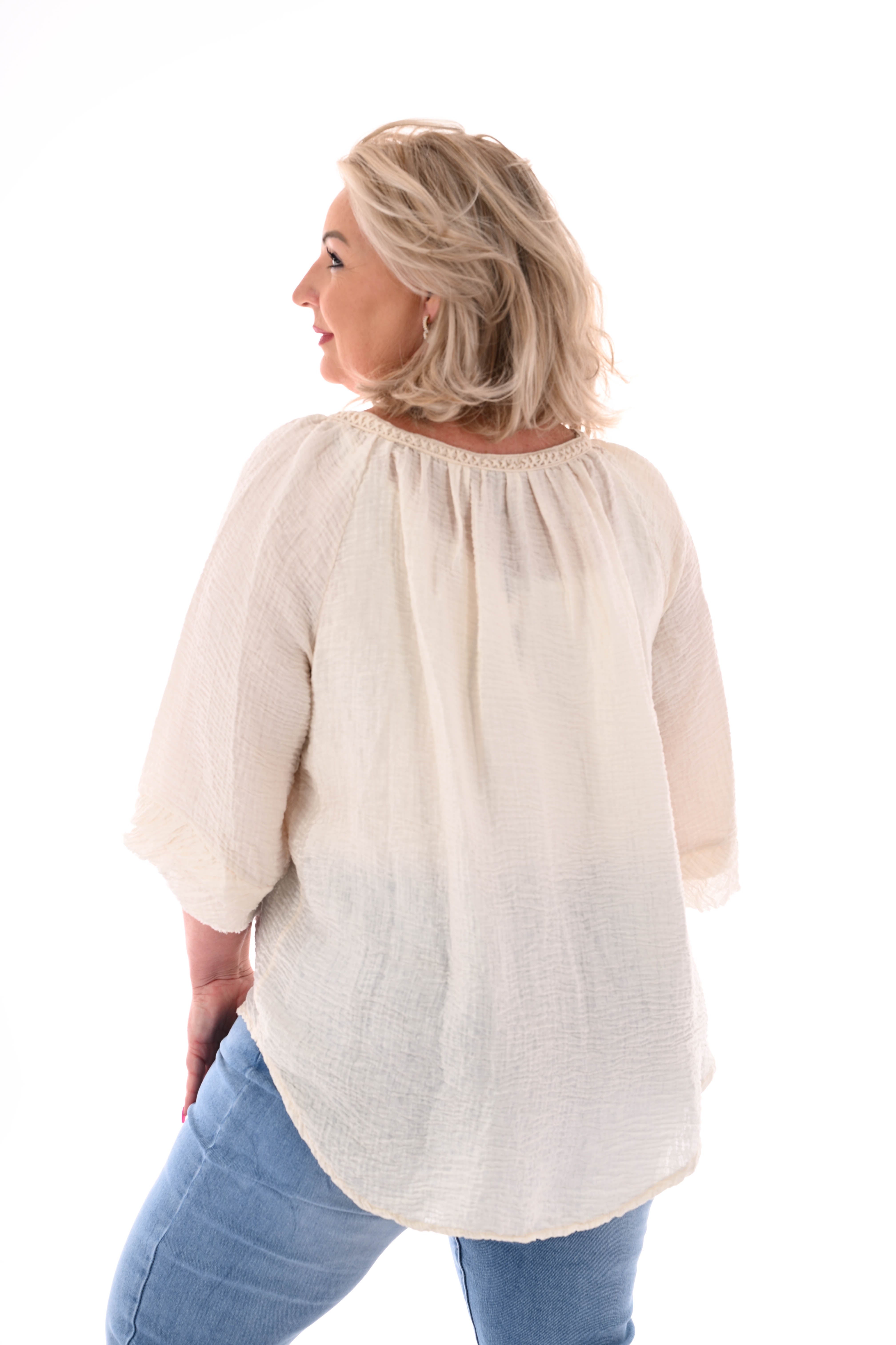Wafel top v-hals korte mouwen creme
