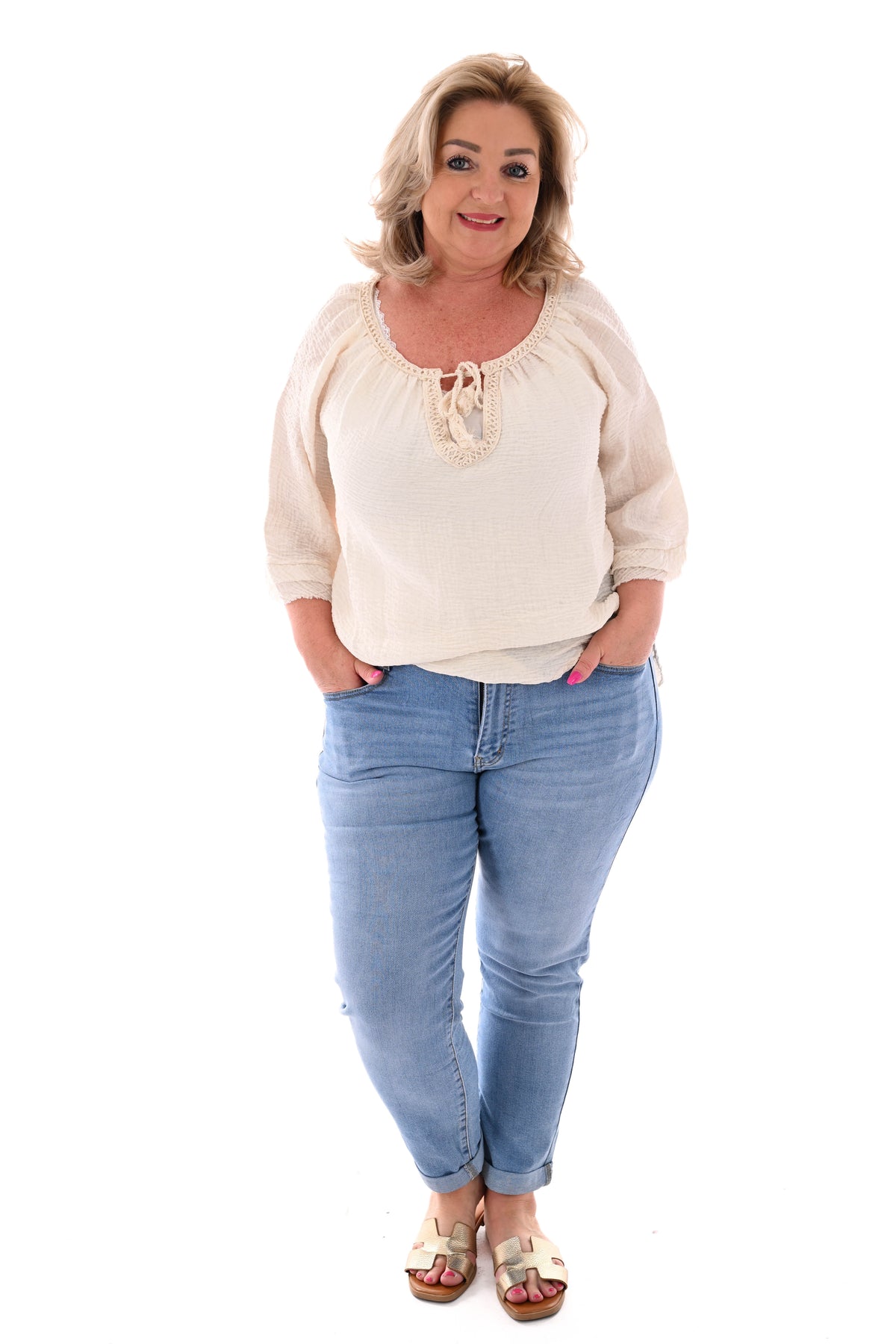 Wafel top v-hals korte mouwen creme