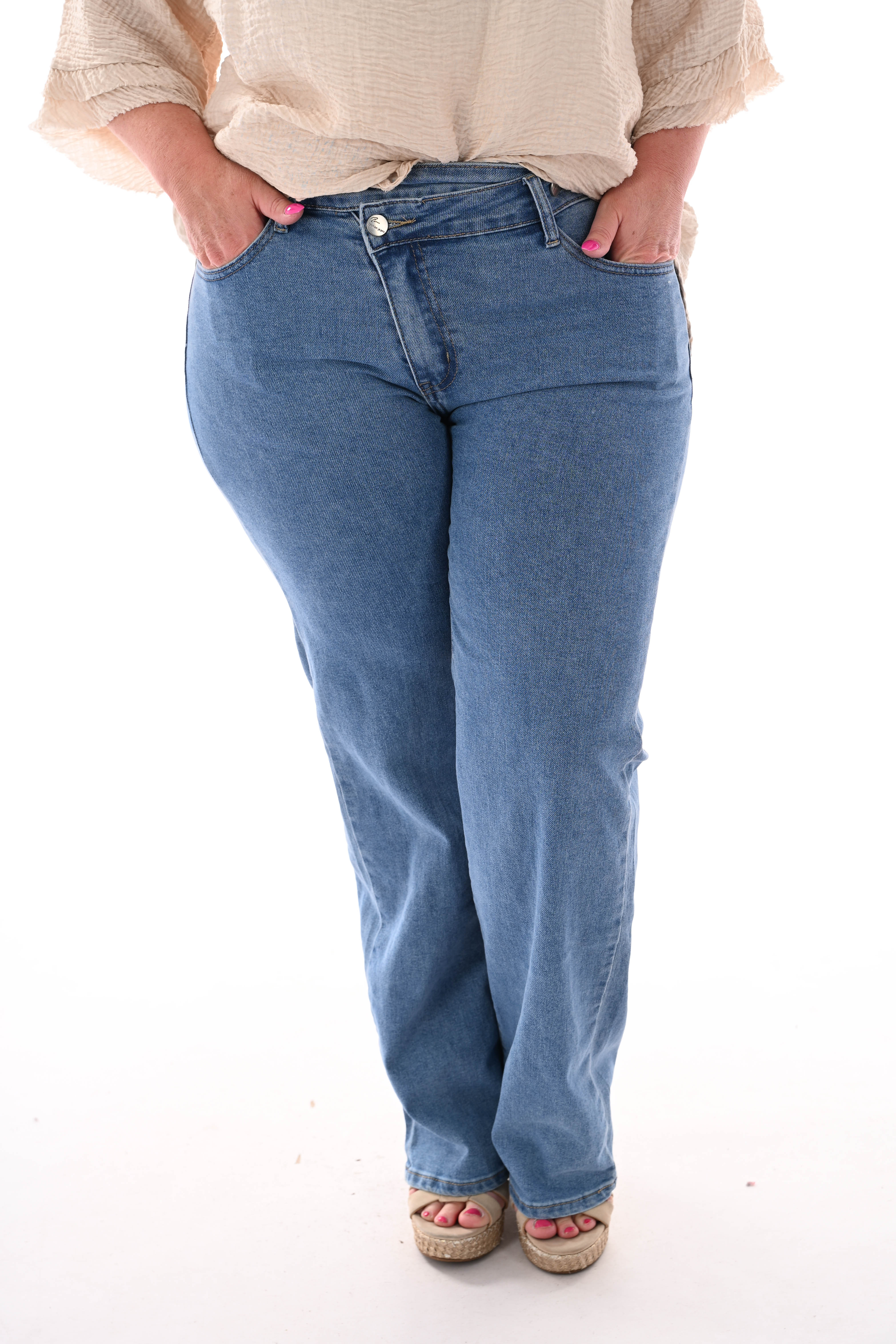 BS jeans wide leg schuine knoop middenblauw