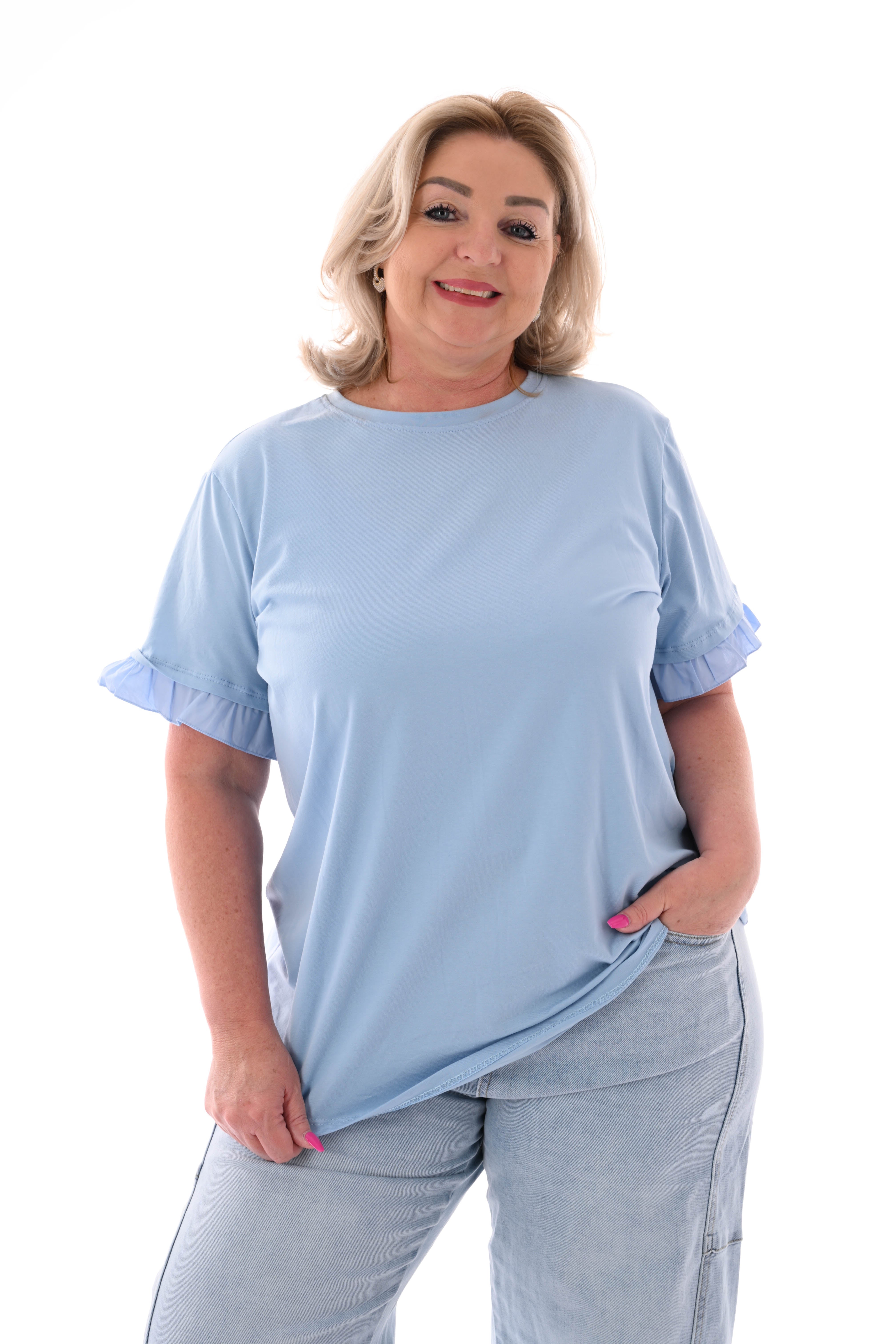 T-shirt roezelmouwen uni lichtblauw