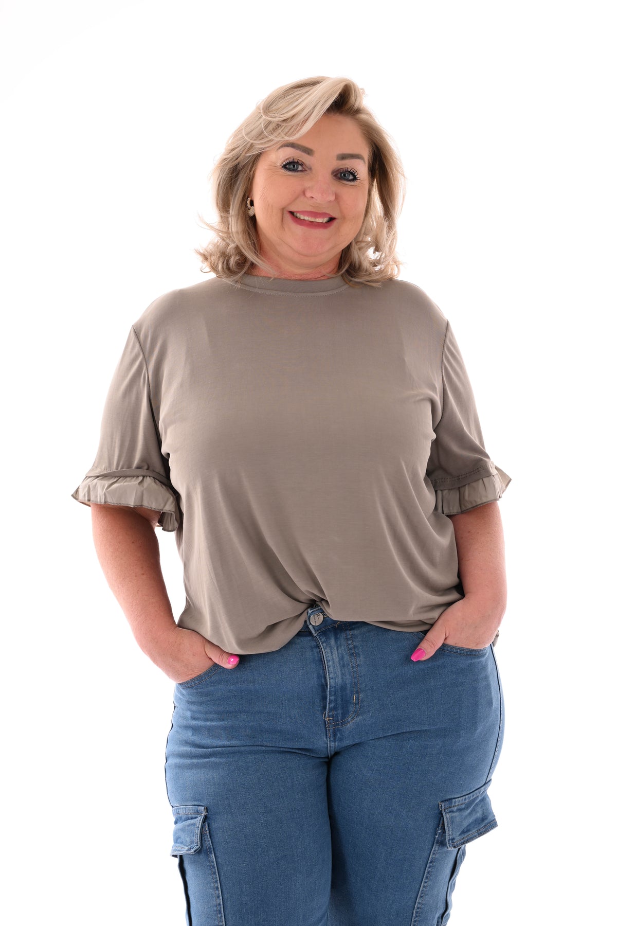 T-shirt roezelmouwen uni taupe