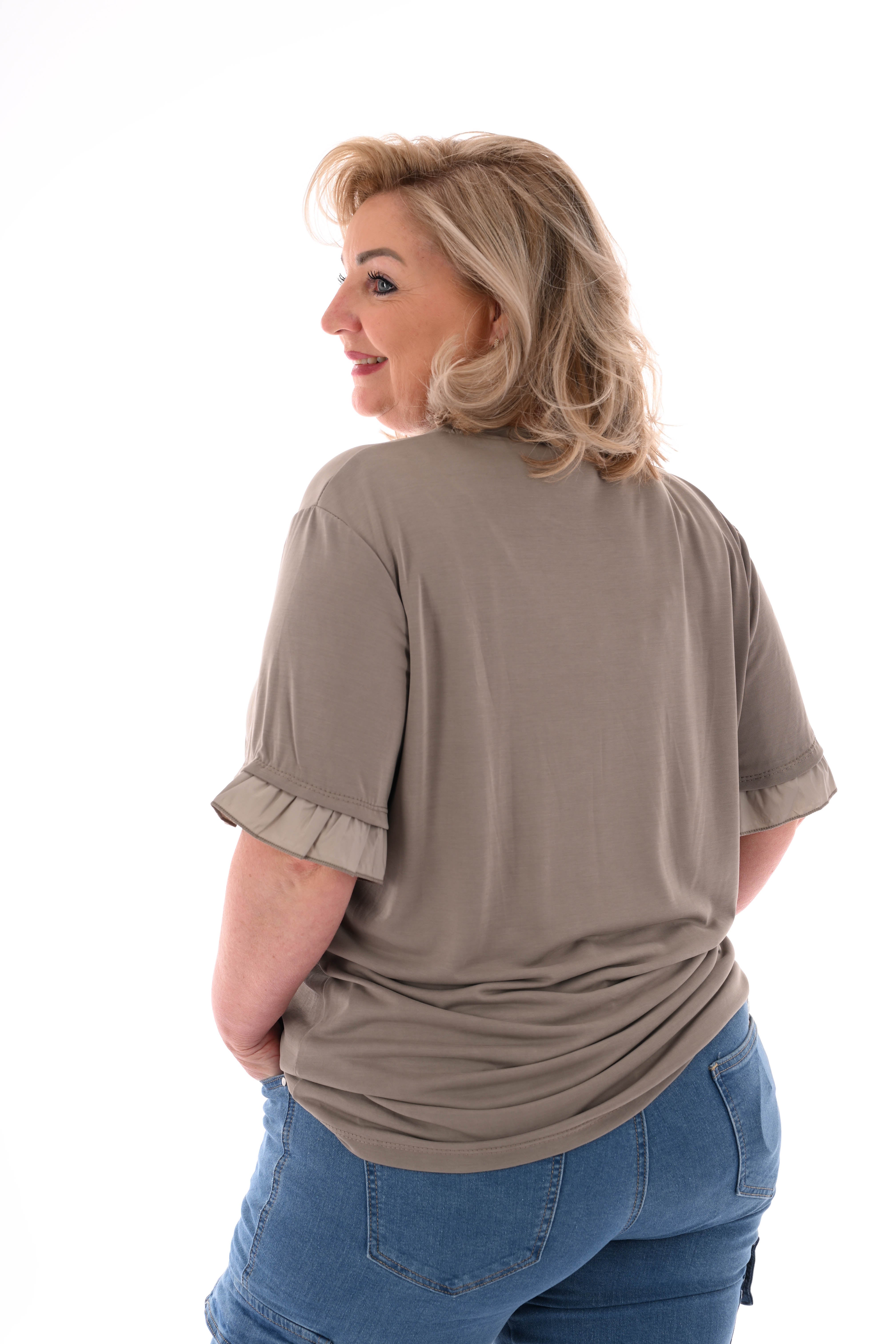 T-shirt roezelmouwen uni taupe
