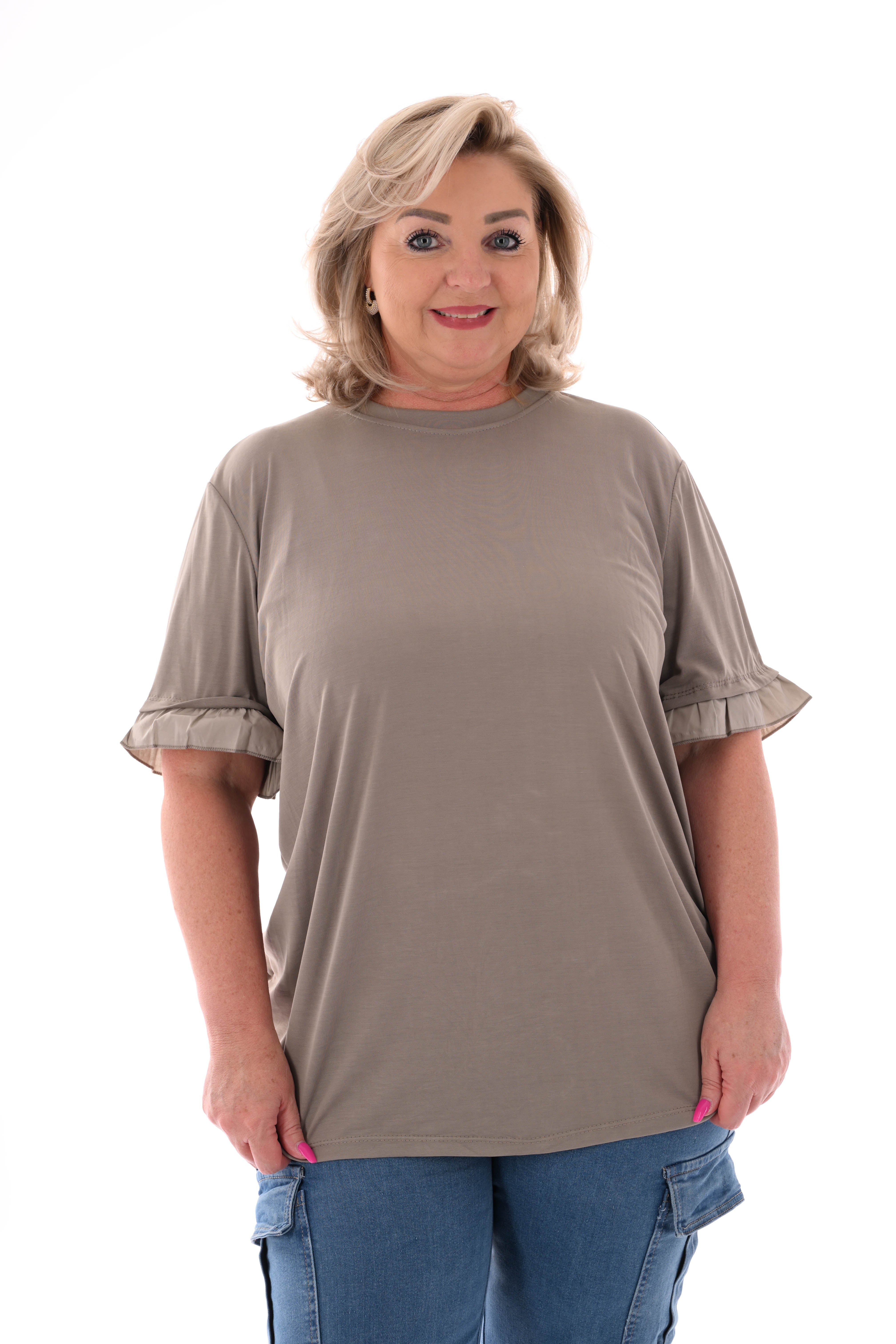 T-shirt roezelmouwen uni taupe