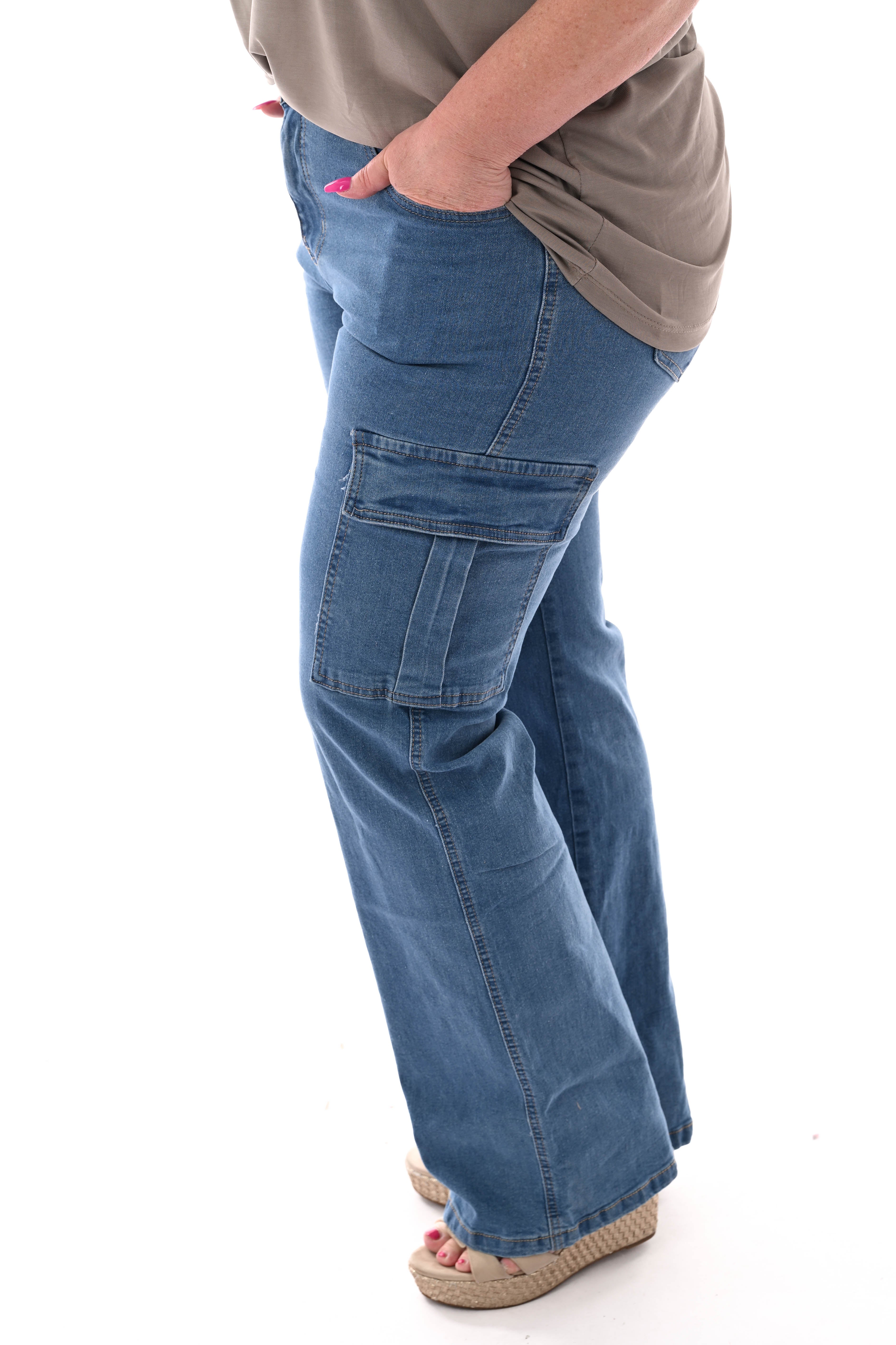 BS jeans wide leg cargo middenblauw