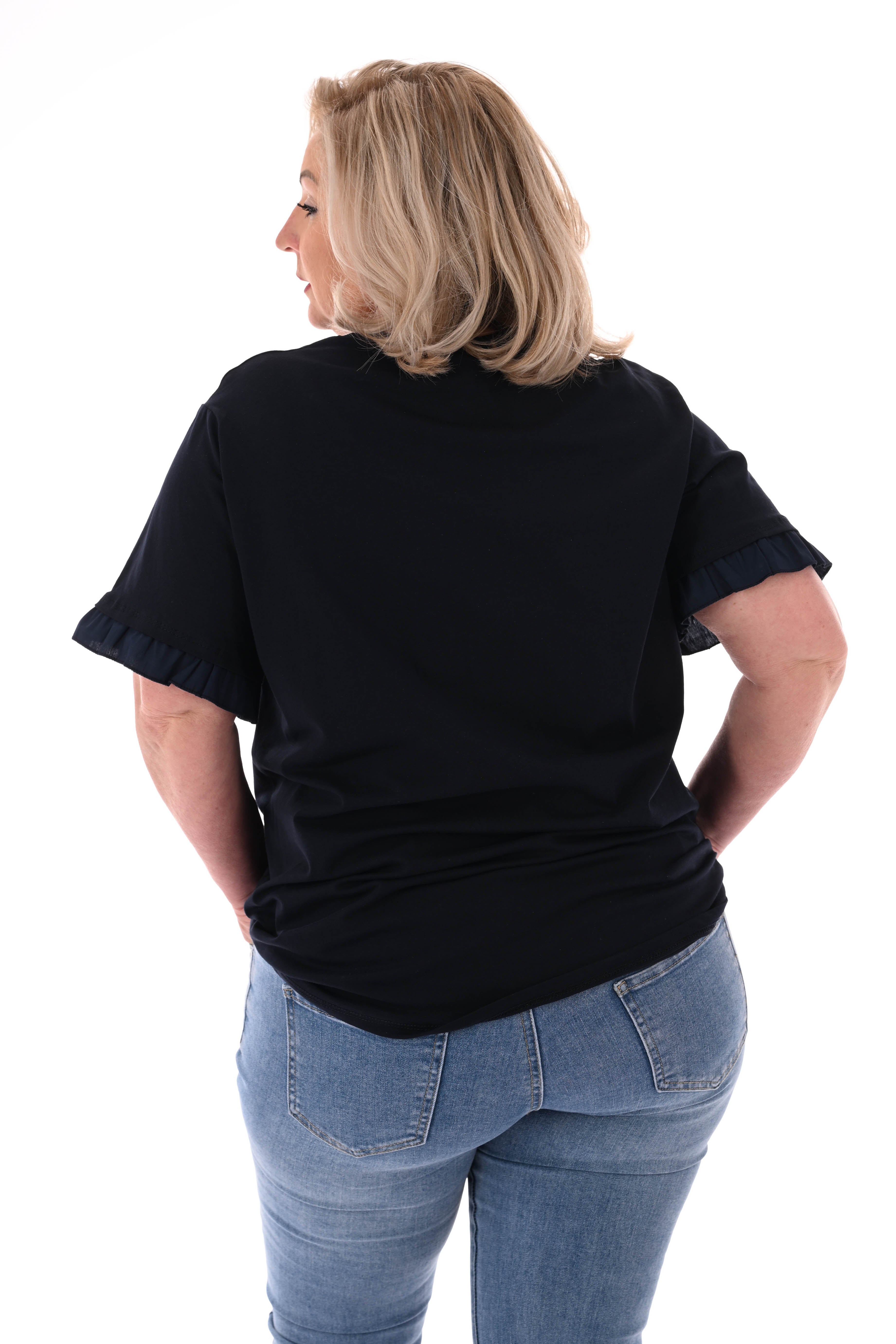 T-shirt roezelmouwen uni marineblauw