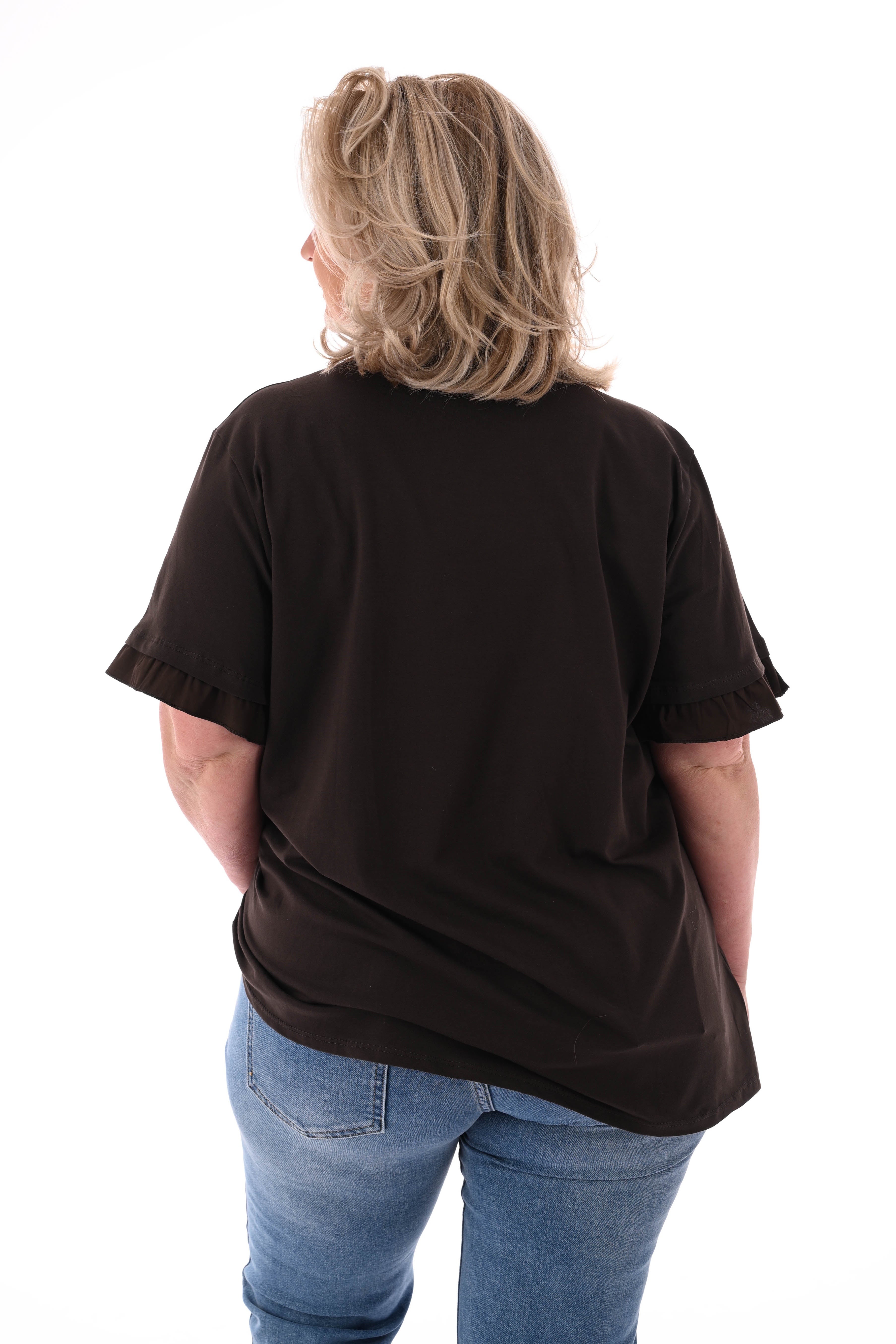 T-shirt roezelmouwen uni donkerbruin
