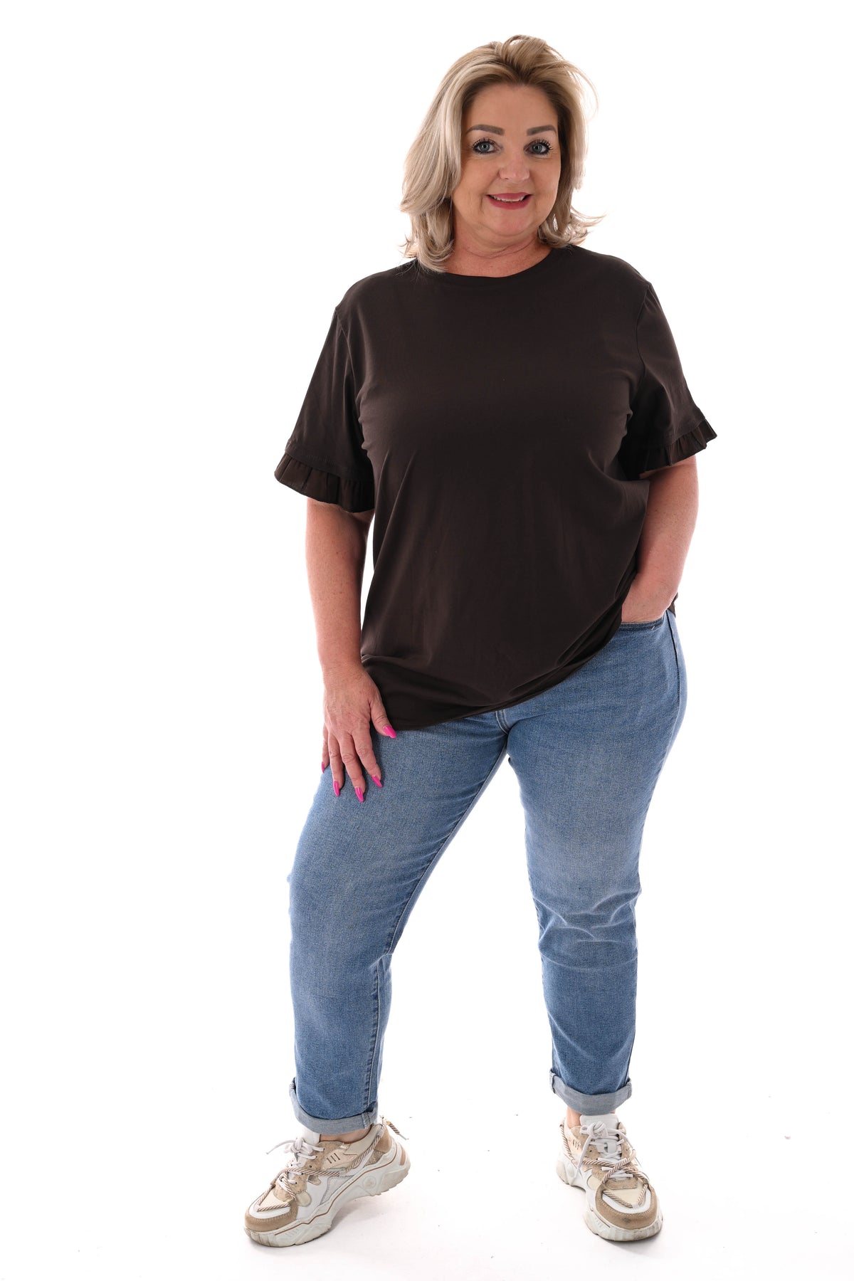 T-shirt roezelmouwen uni donkerbruin