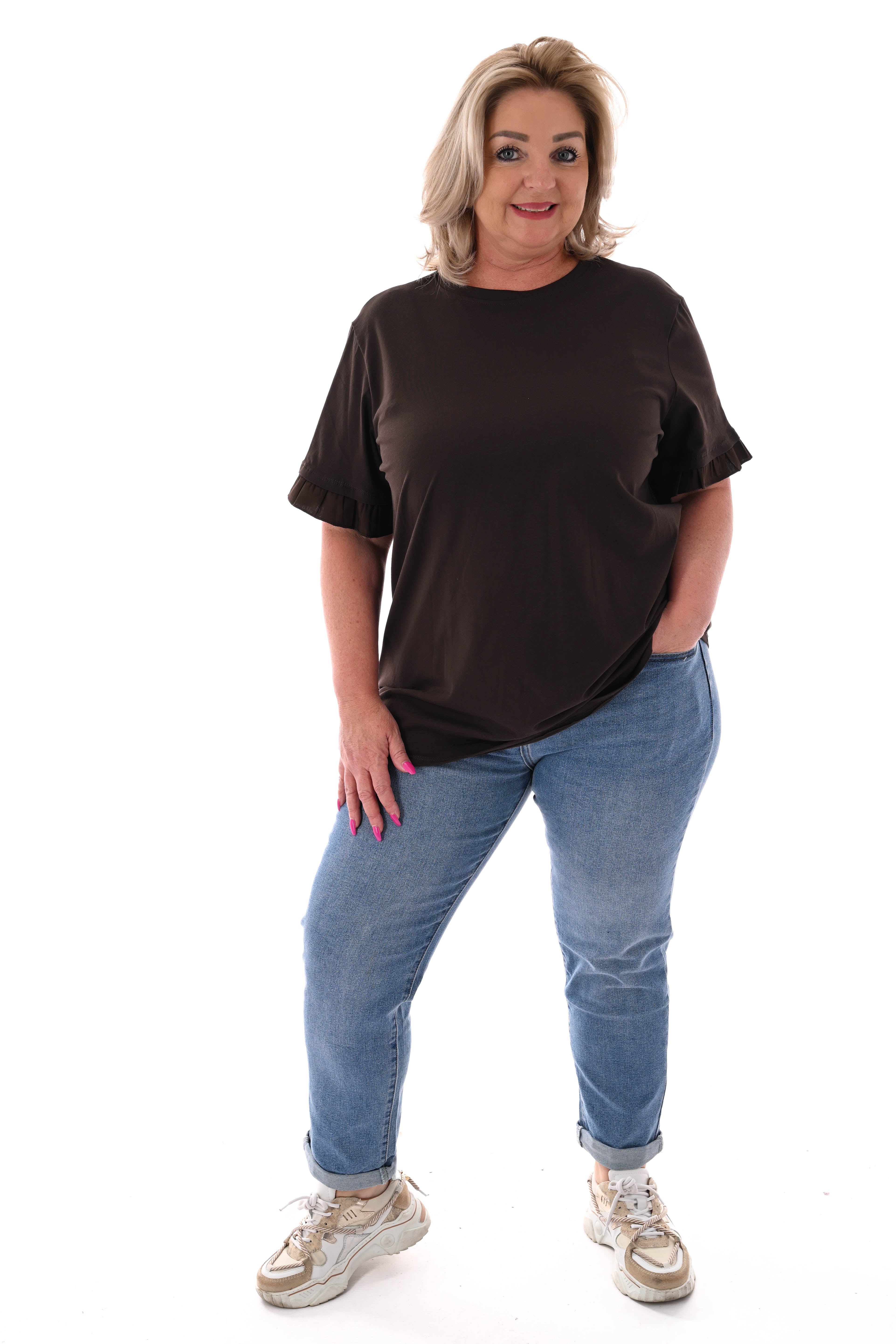 T-shirt roezelmouwen uni donkerbruin