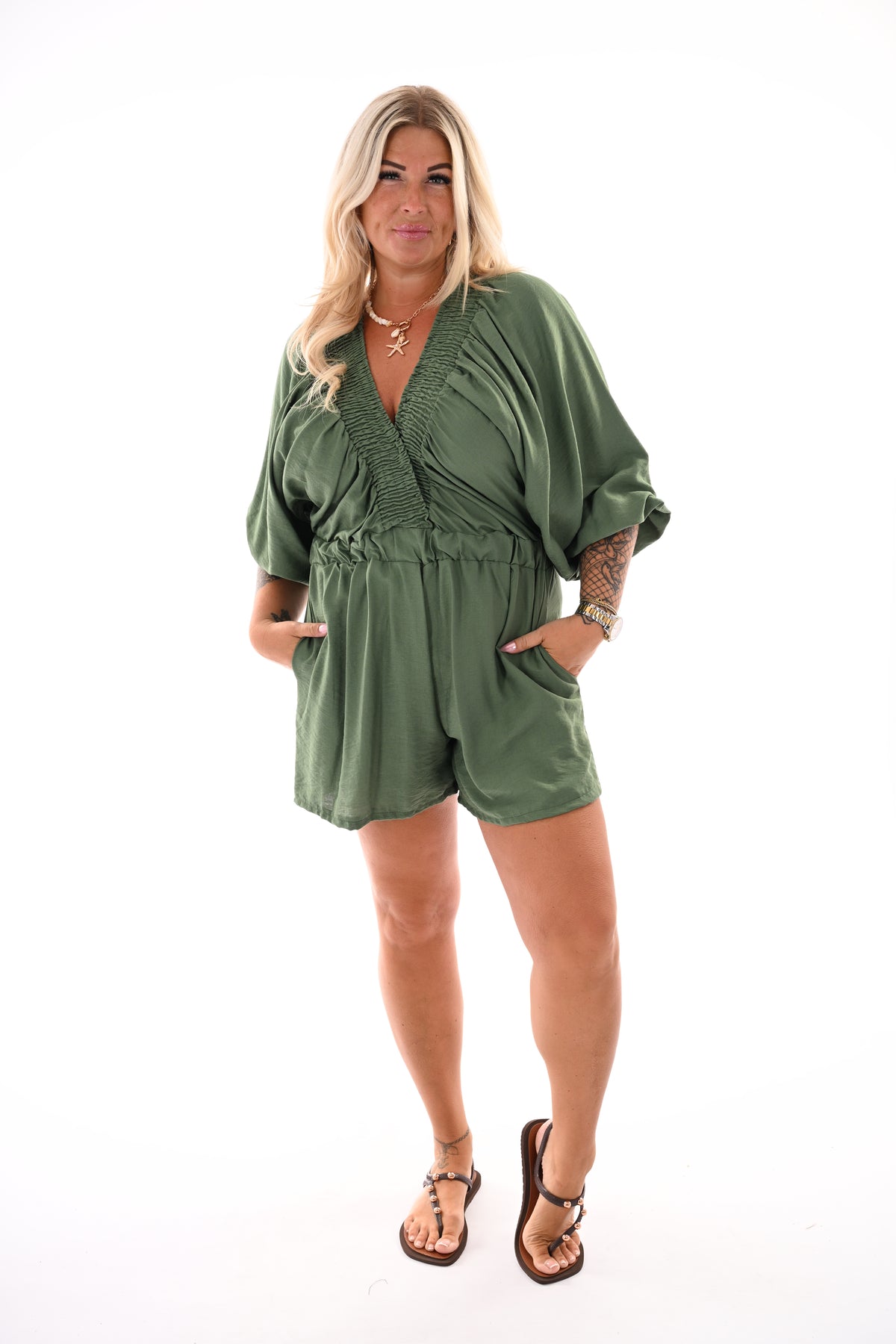 Playsuit met smock v-hals uni legergroen