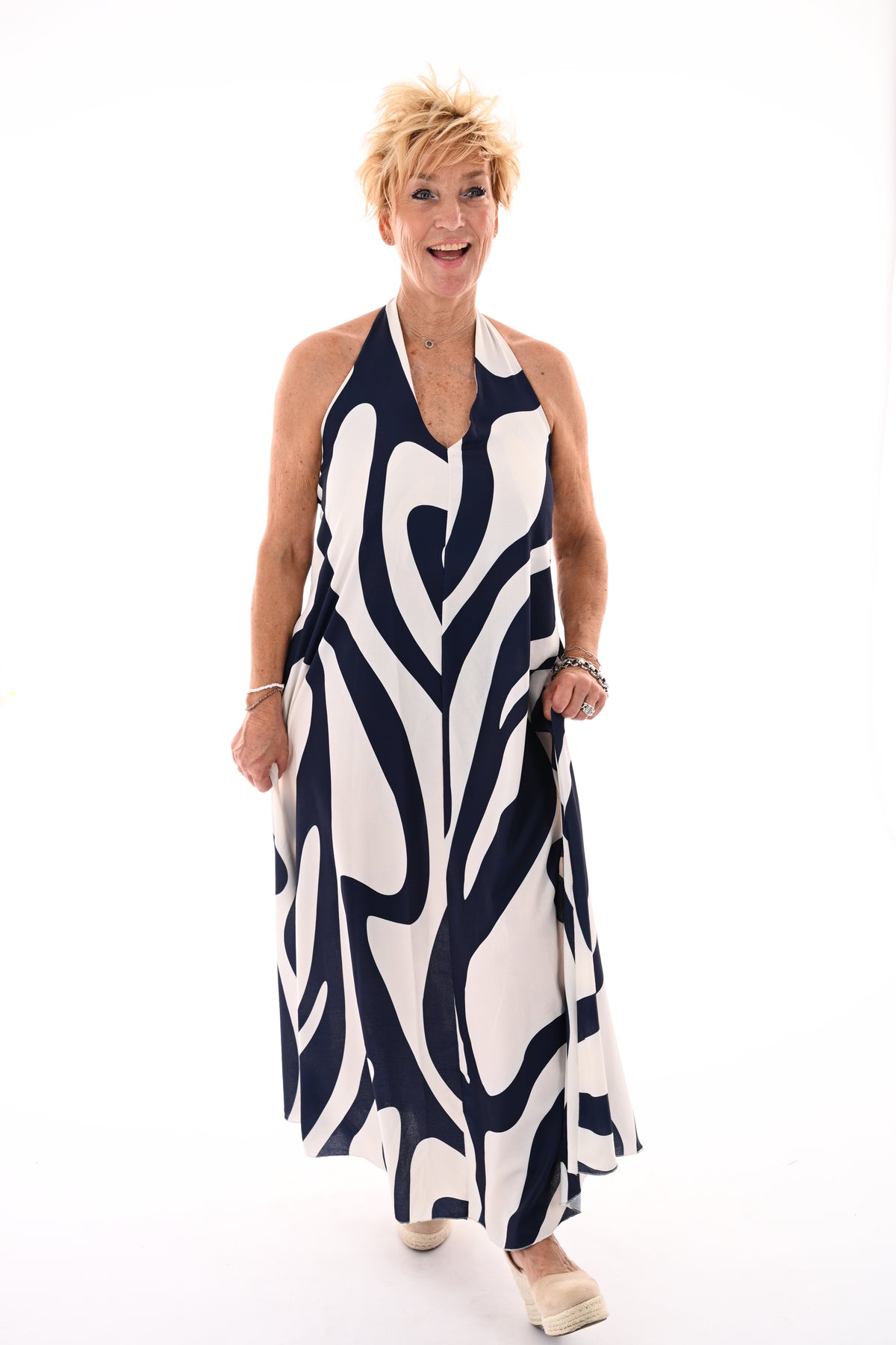 Halter jurk abstracte print marineblauw
