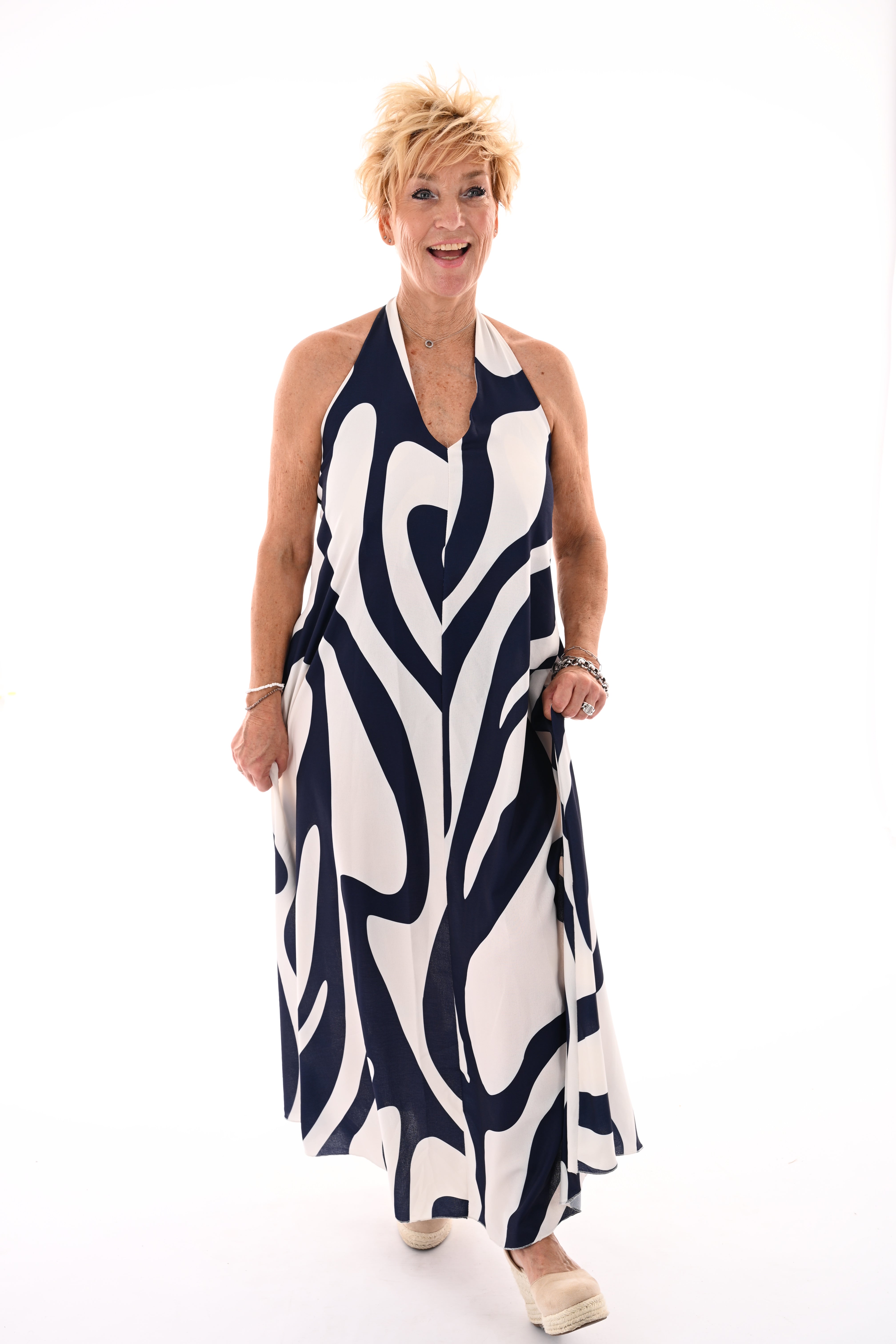 Halter jurk abstracte print marineblauw