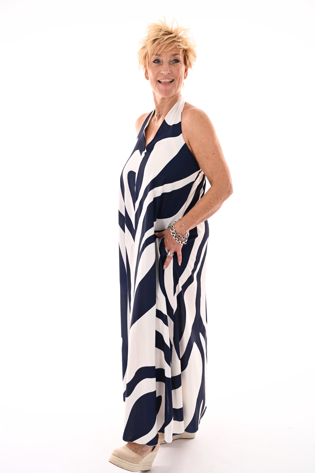 Halter jurk abstracte print marineblauw