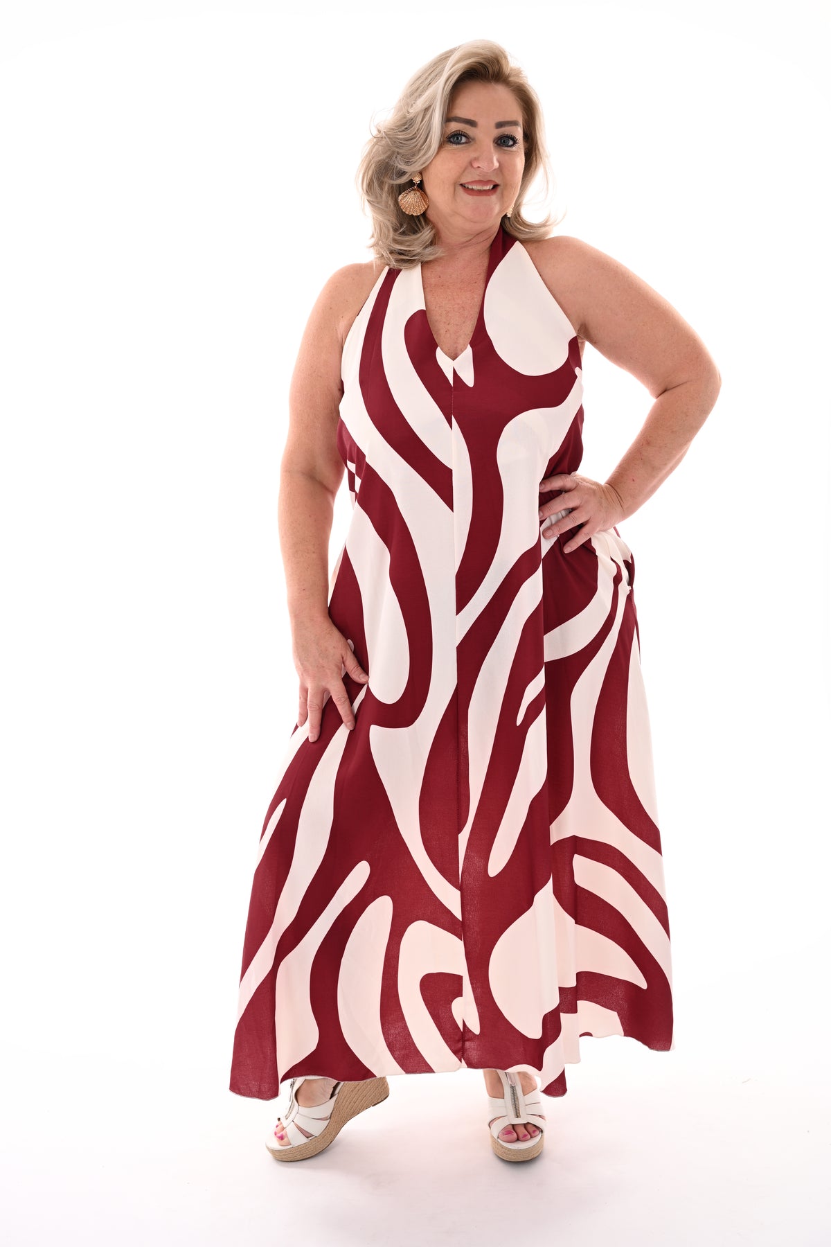 Halter jurk abstracte print bordeaux