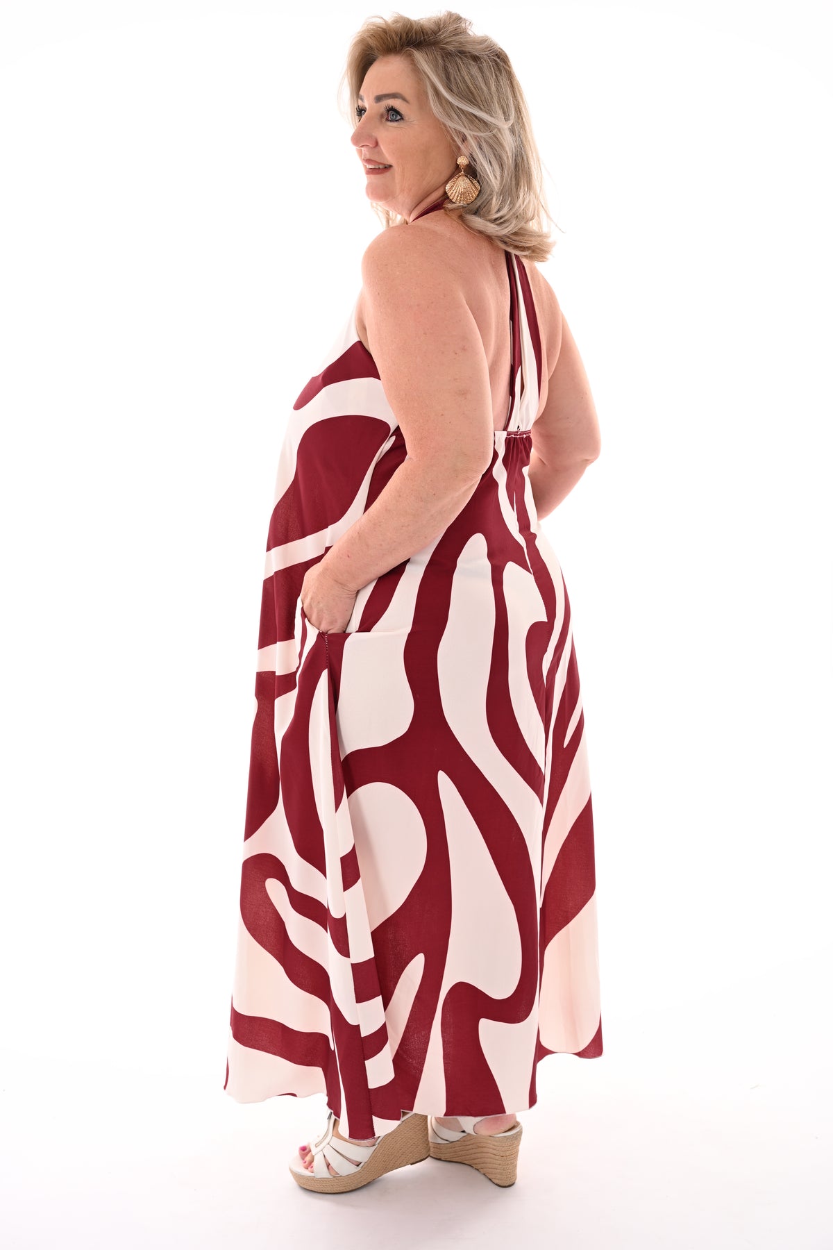 Halter jurk abstracte print bordeaux