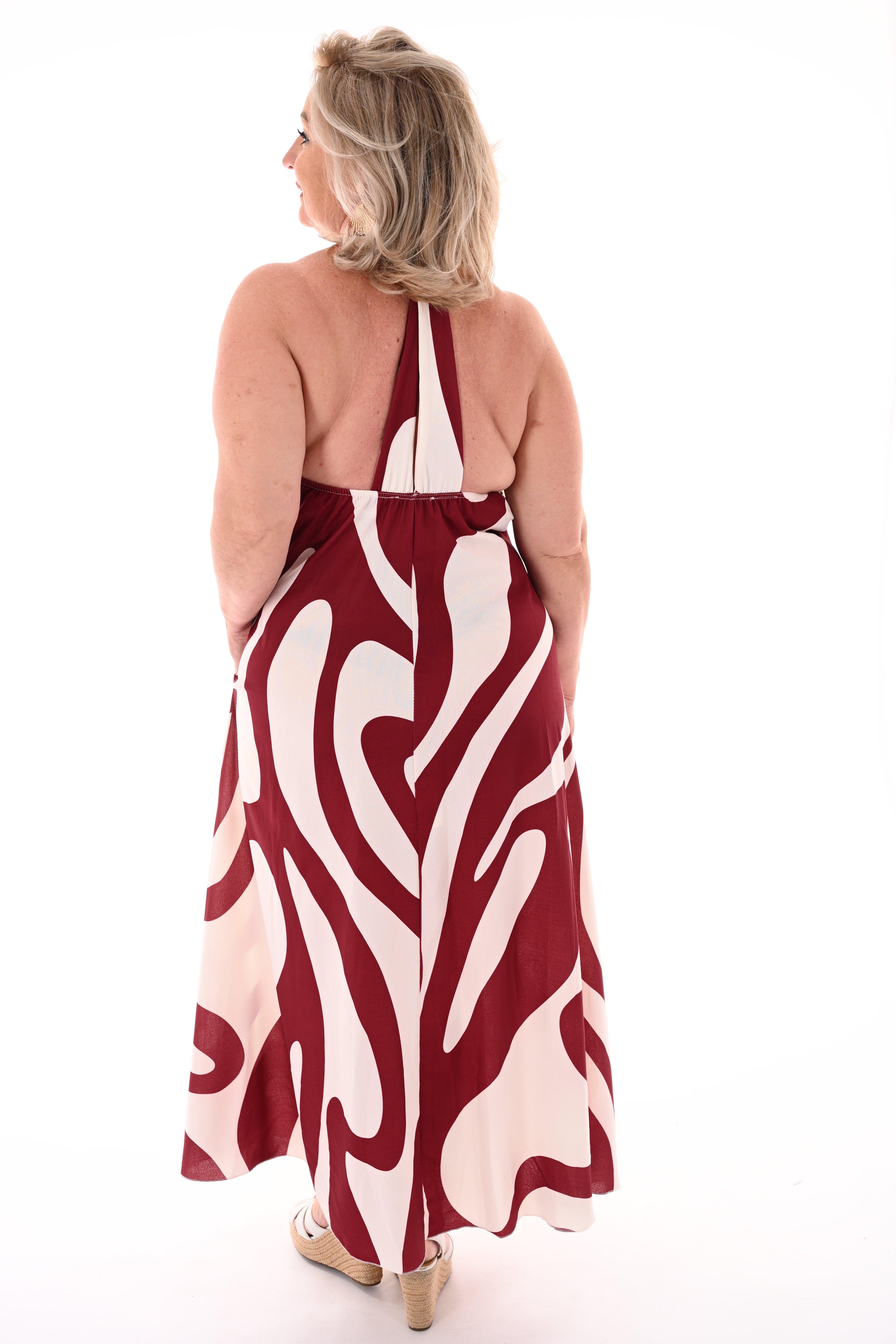 Halter jurk abstracte print bordeaux