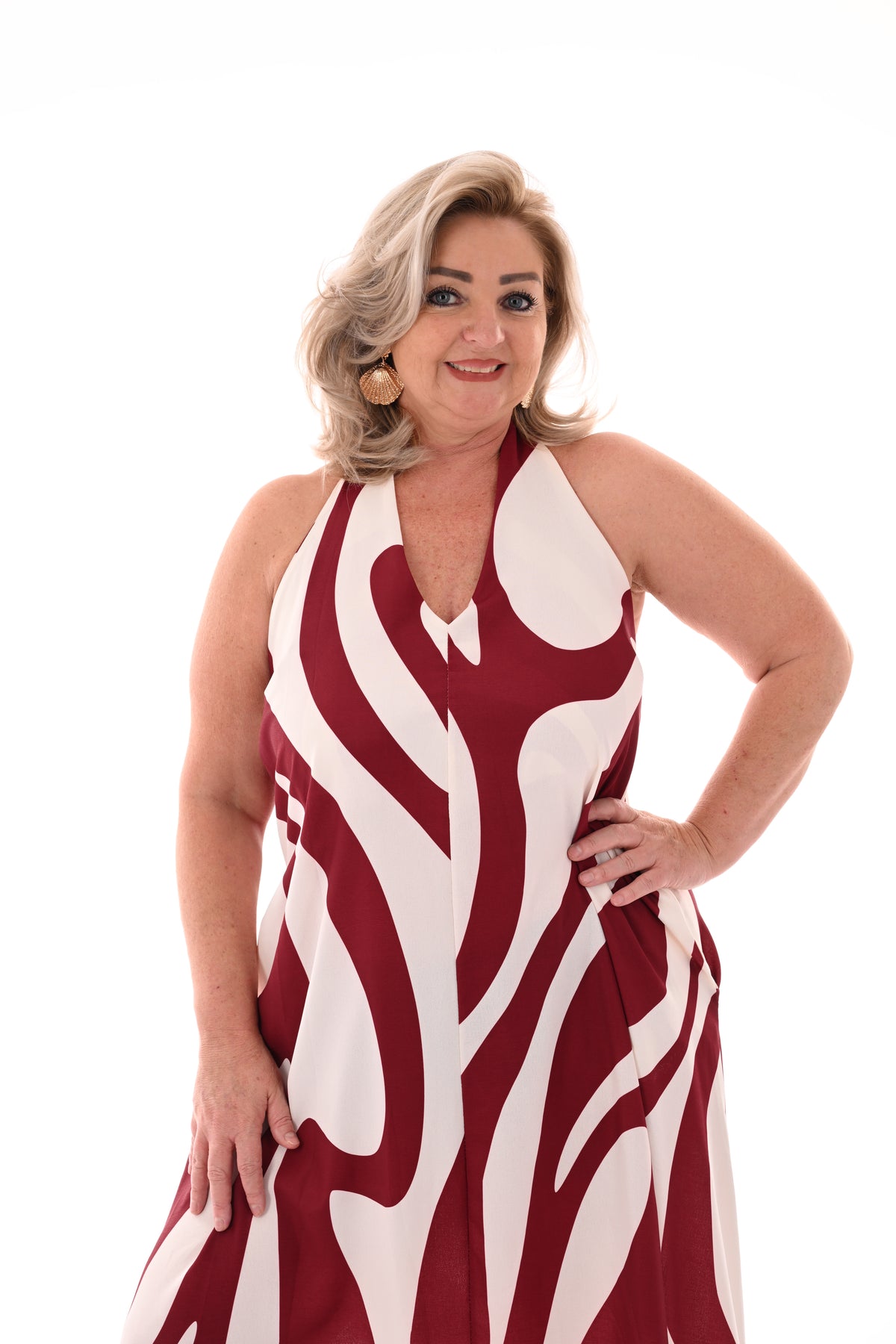 Halter jurk abstracte print bordeaux