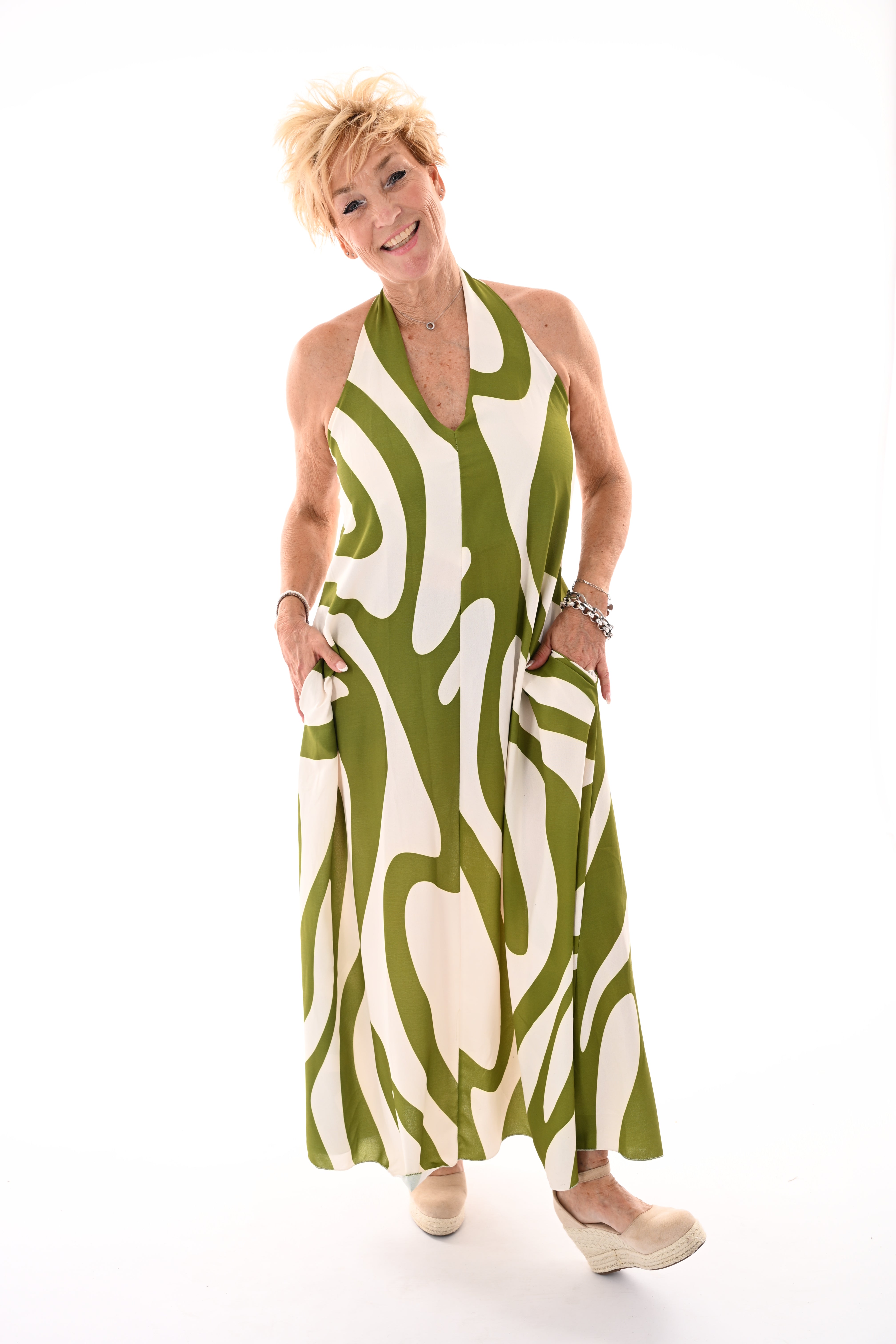 Halter jurk abstracte print pistache