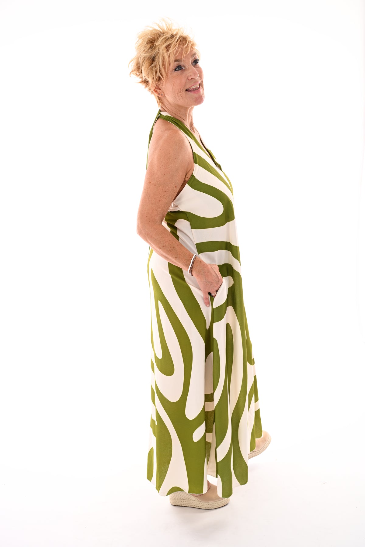 Halter jurk abstracte print pistache