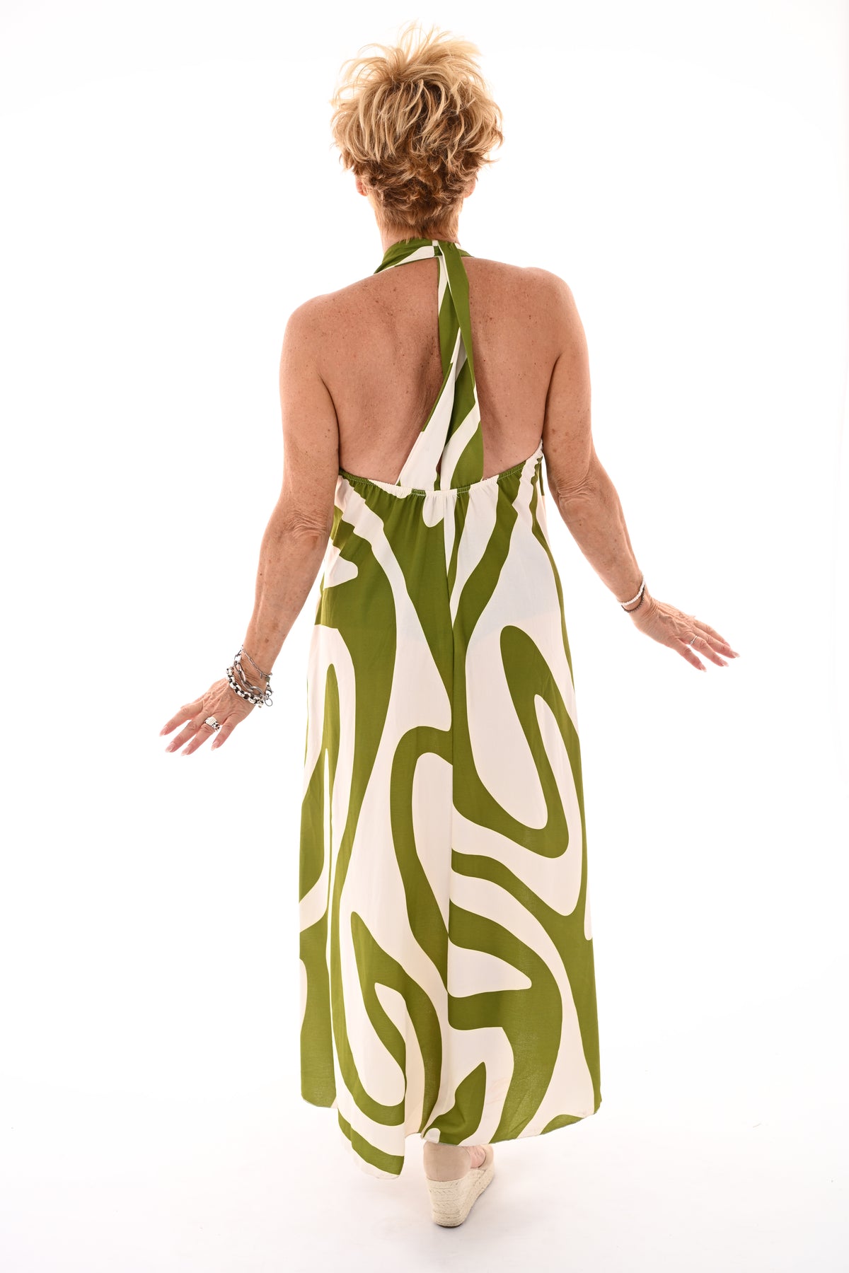 Halter jurk abstracte print pistache