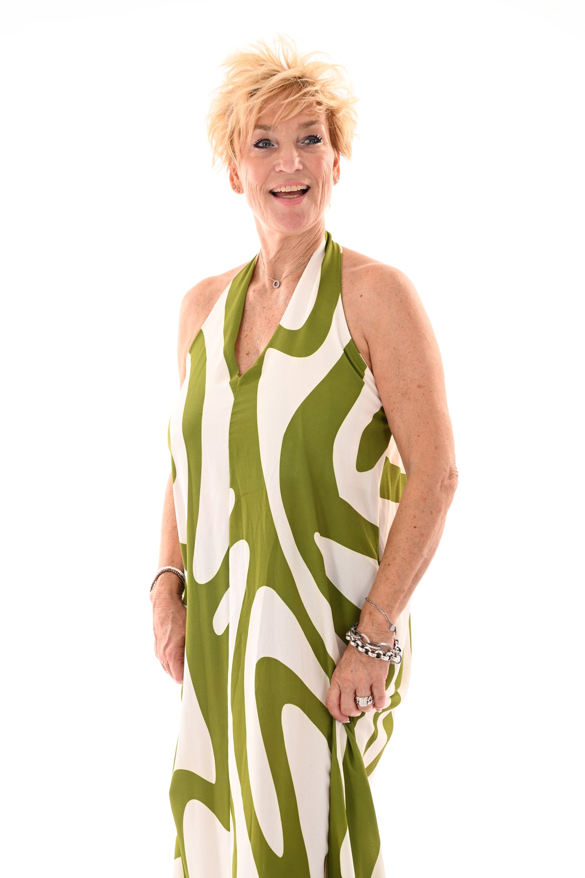Halter jurk abstracte print pistache