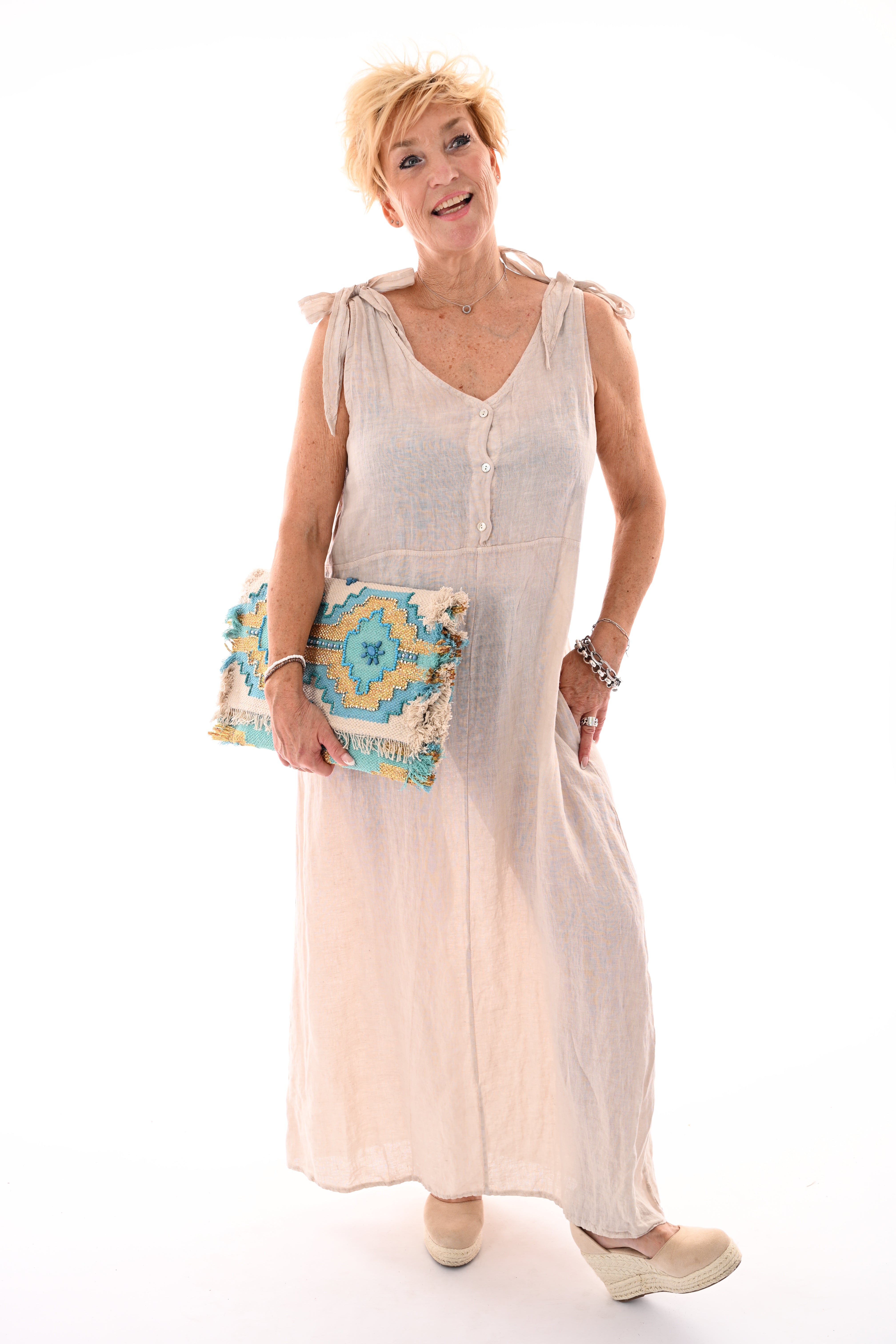 Jurk met knopen bandjes beige