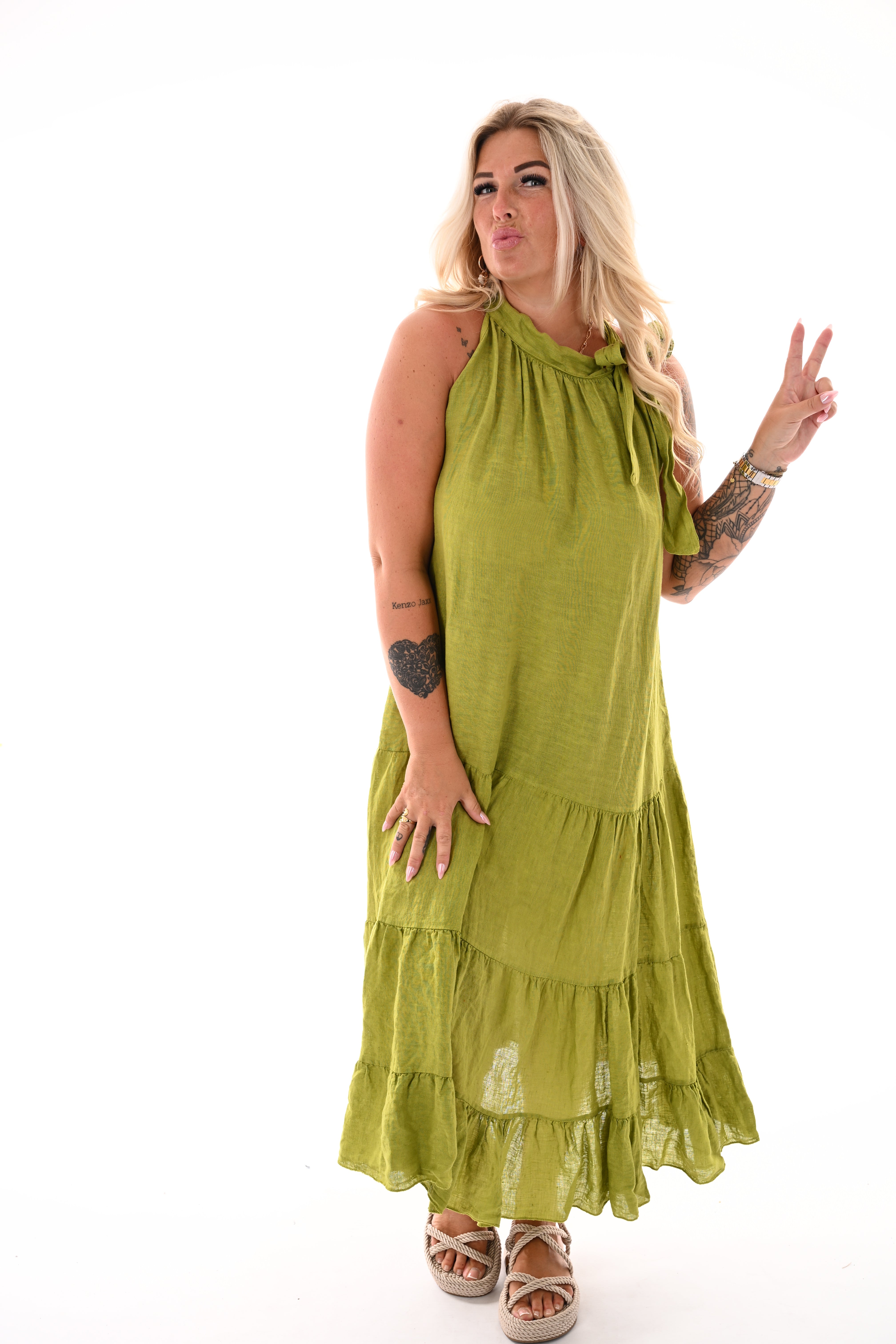 Lange jurk halter knoop lime